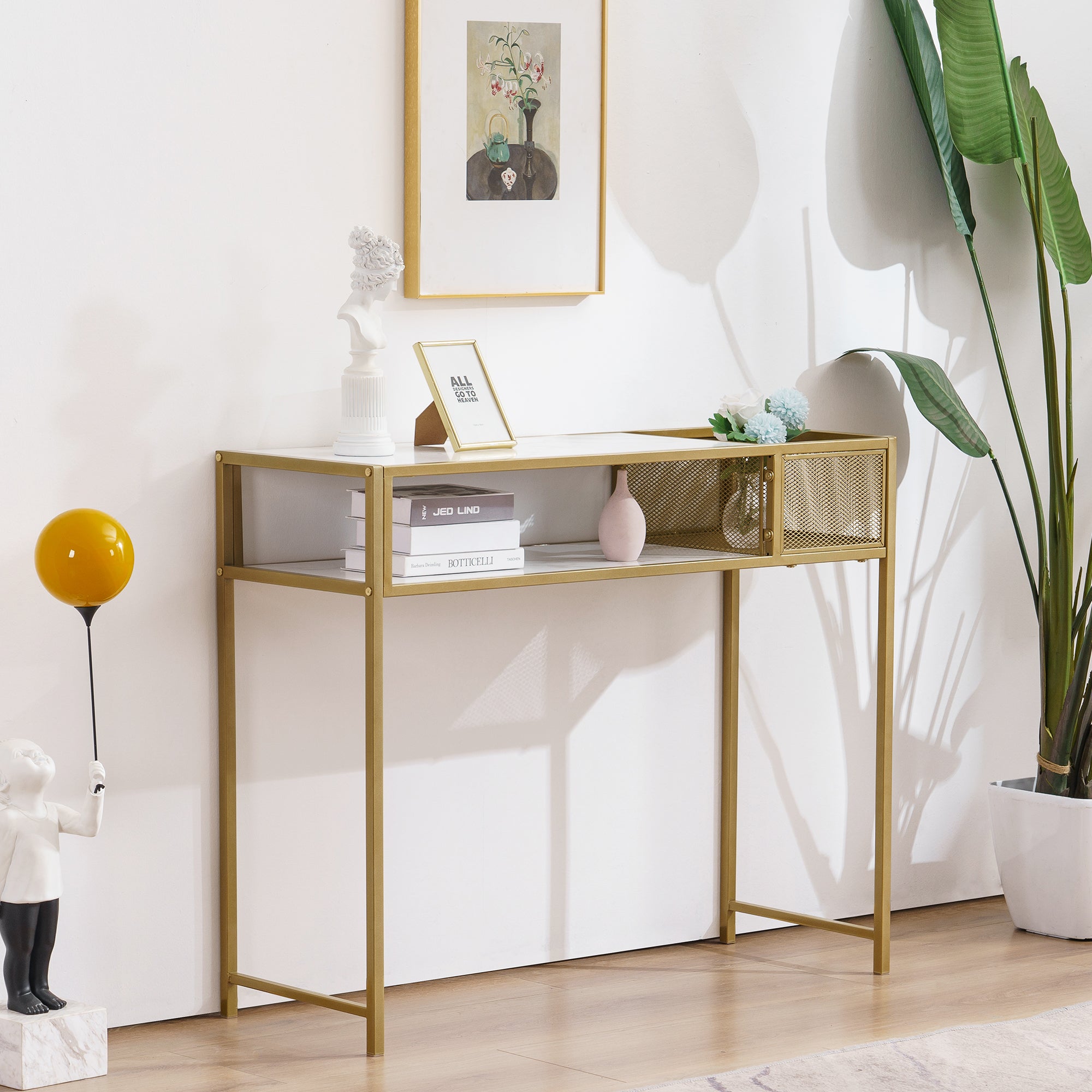 MCombo Consolle stretta, in marmo, color oro, tavolino moderno con 2 ripiani e struttura in metallo, ideale per l'ingresso, il soggiorno, la camera da letto, 110×40×90 cm, 2276