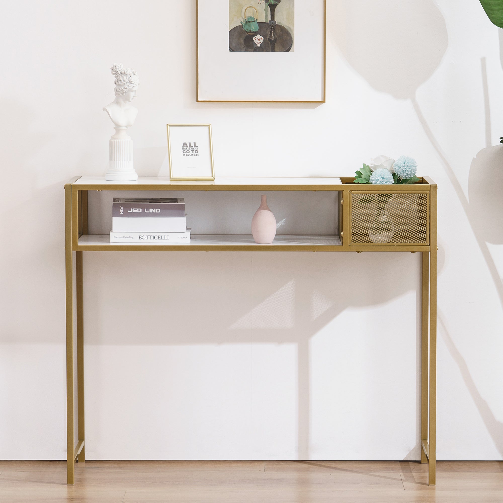 MCombo Consolle stretta, in marmo, color oro, tavolino moderno con 2 ripiani e struttura in metallo, ideale per l'ingresso, il soggiorno, la camera da letto, 110×40×90 cm, 2276