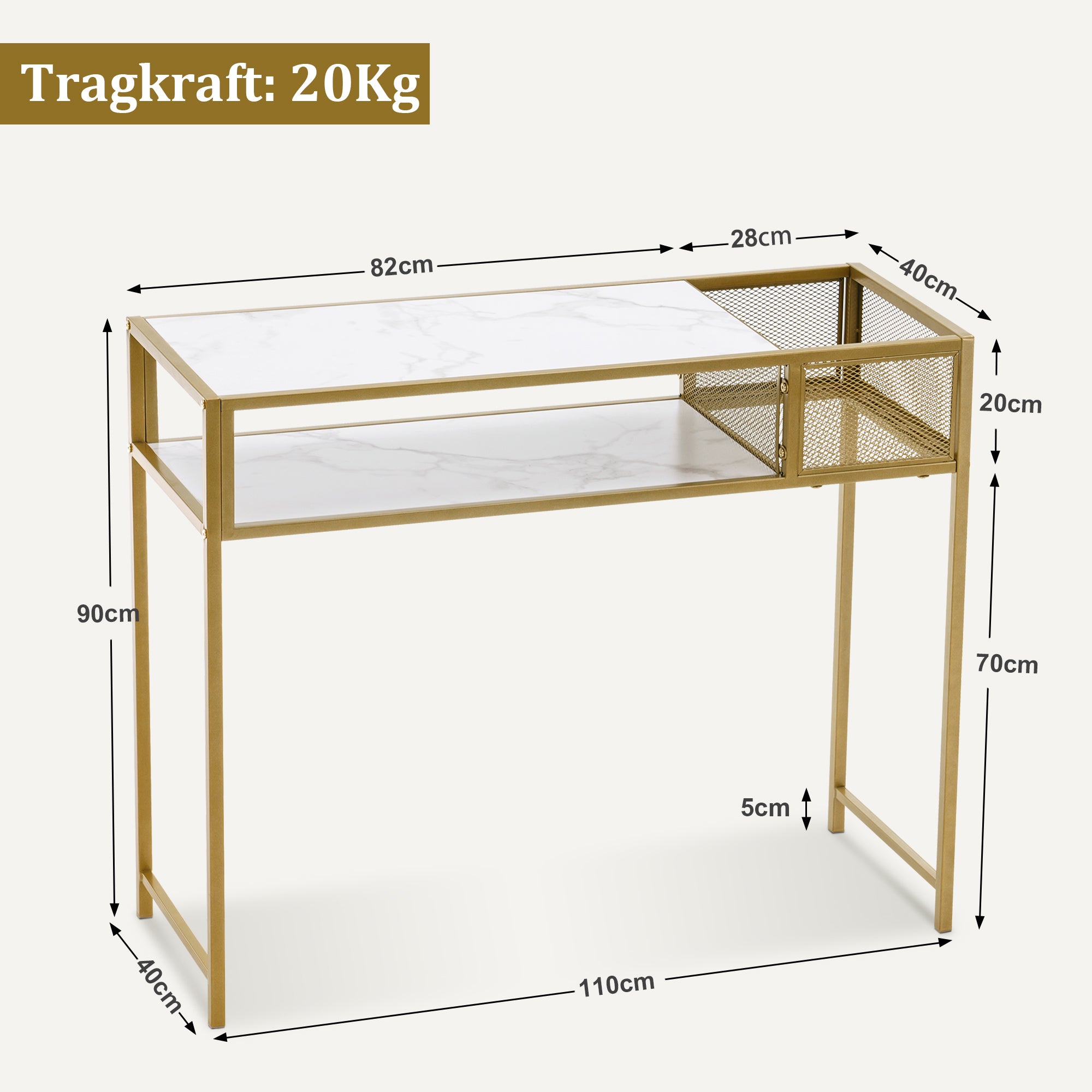 MCombo Consolle stretta, in marmo, color oro, tavolino moderno con 2 ripiani e struttura in metallo, ideale per l'ingresso, il soggiorno, la camera da letto, 110×40×90 cm, 2276