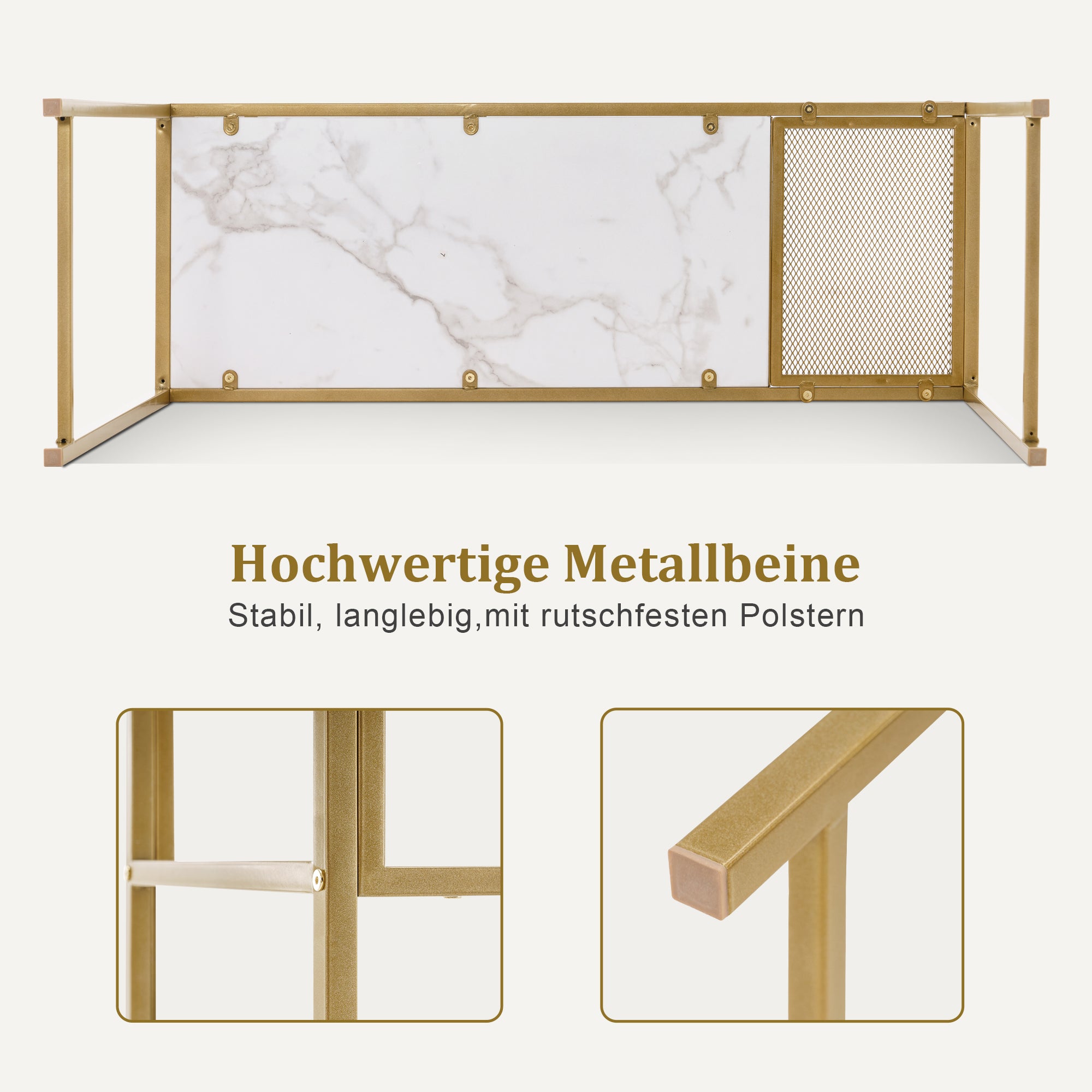 MCombo Consolle stretta, in marmo, color oro, tavolino moderno con 2 ripiani e struttura in metallo, ideale per l'ingresso, il soggiorno, la camera da letto, 110×40×90 cm, 2276
