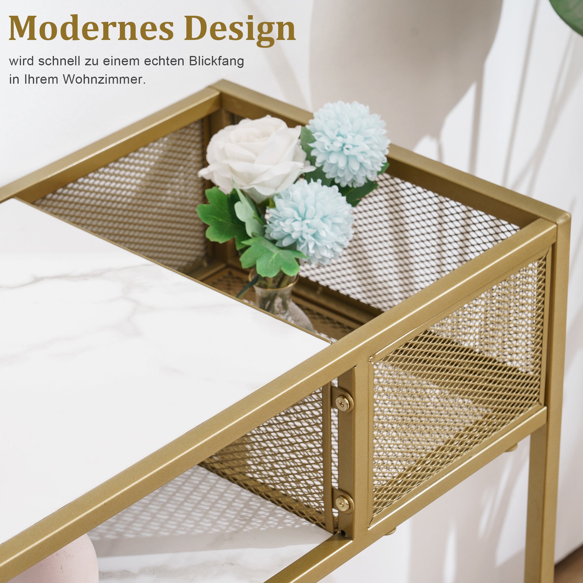 MCombo Consolle stretta, in marmo, color oro, tavolino moderno con 2 ripiani e struttura in metallo, ideale per l'ingresso, il soggiorno, la camera da letto, 110×40×90 cm, 2276
