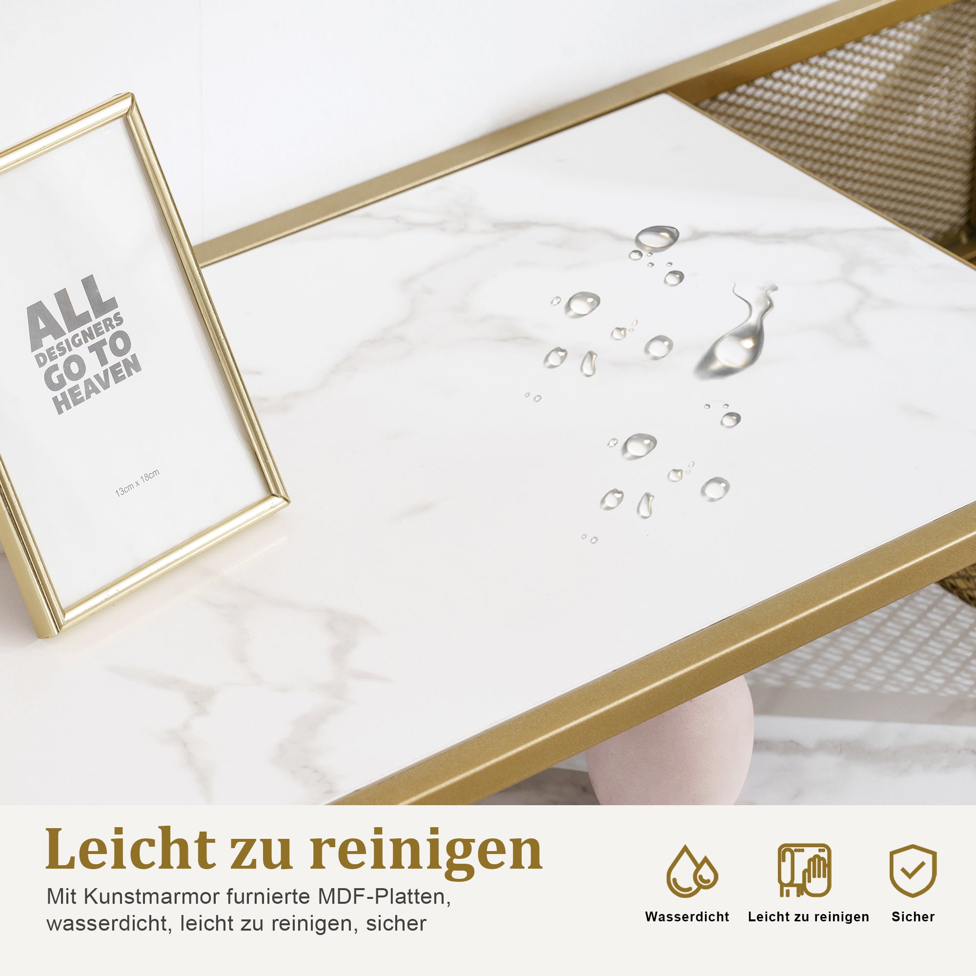 MCombo Consolle stretta, in marmo, color oro, tavolino moderno con 2 ripiani e struttura in metallo, ideale per l'ingresso, il soggiorno, la camera da letto, 110×40×90 cm, 2276