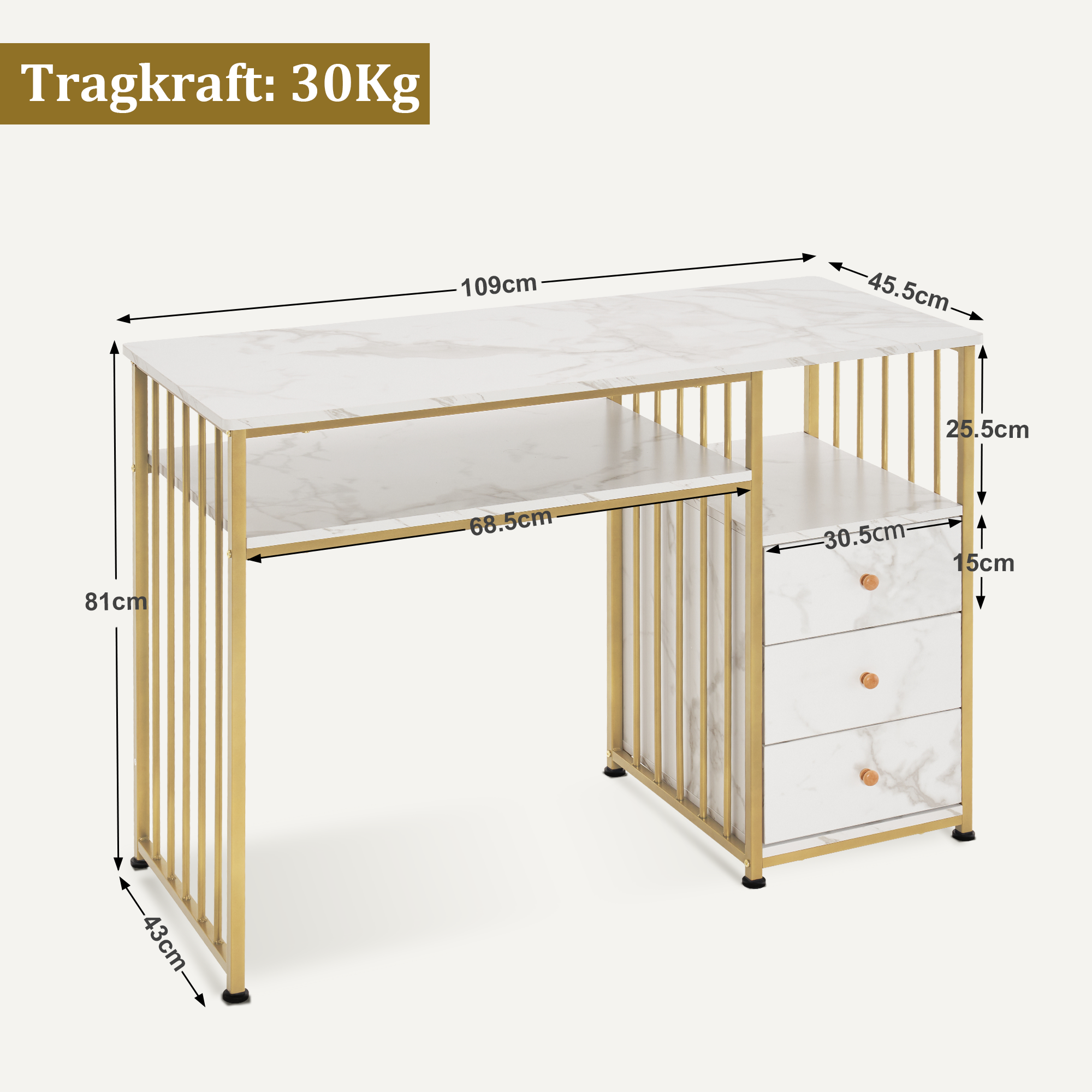 MCombo Scrivania con cassetti, tavolo da trucco senza specchio, tavolo per manicure in legno con struttura in metallo, scrivania moderna per computer per soggiorno, 109 x 45,5 x 81 cm, 2407