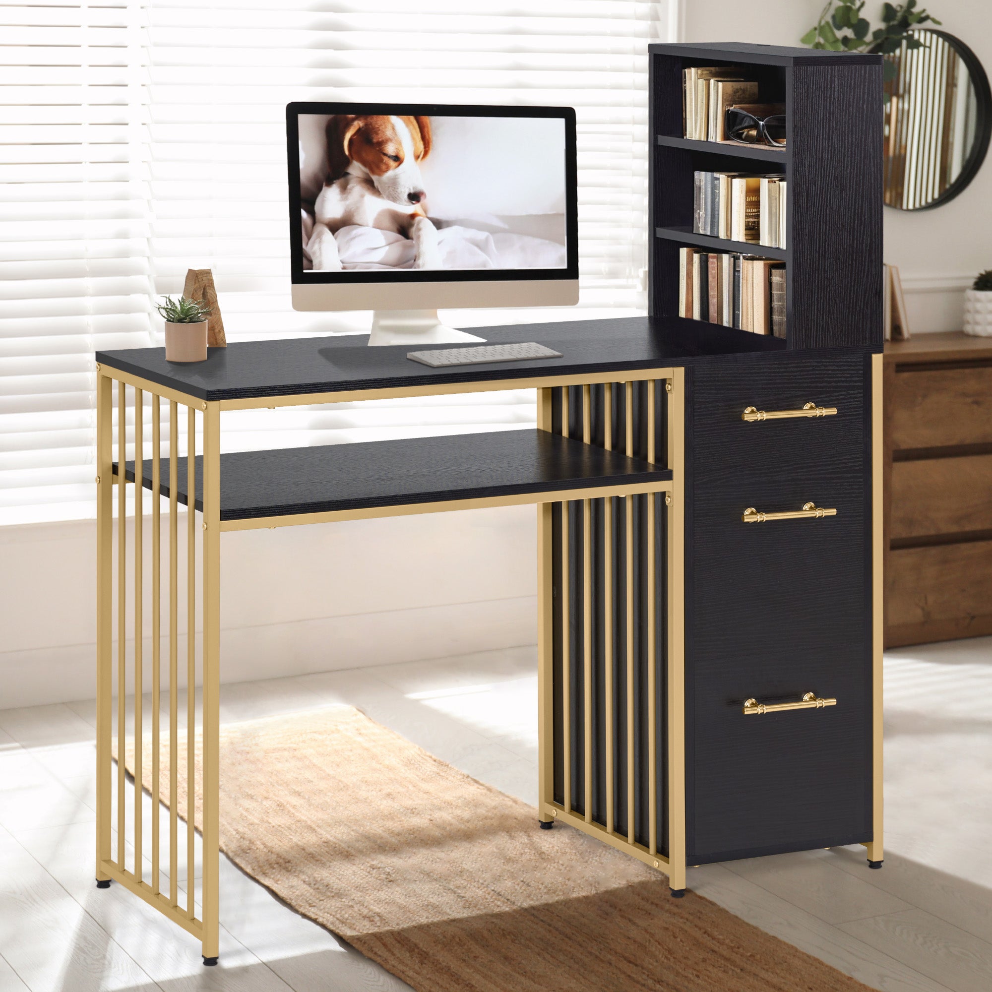 M MCombo Bureau met 3 lades, Nageltafel van hout met metalen frame, Manicure tafel, Make-up tafel zonder spiegel Modern, Computer bureau met plank voor de woonkamer, 43x108x125cm, 2420