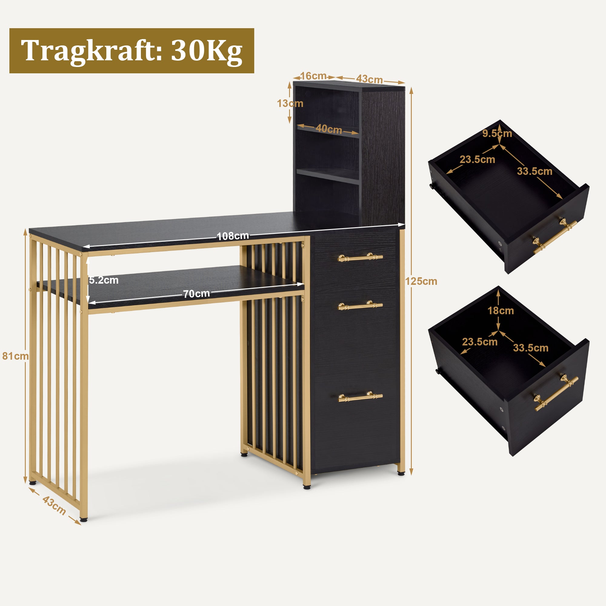 M MCombo Bureau met 3 lades, Nageltafel van hout met metalen frame, Manicure tafel, Make-up tafel zonder spiegel Modern, Computer bureau met plank voor de woonkamer, 43x108x125cm, 2420