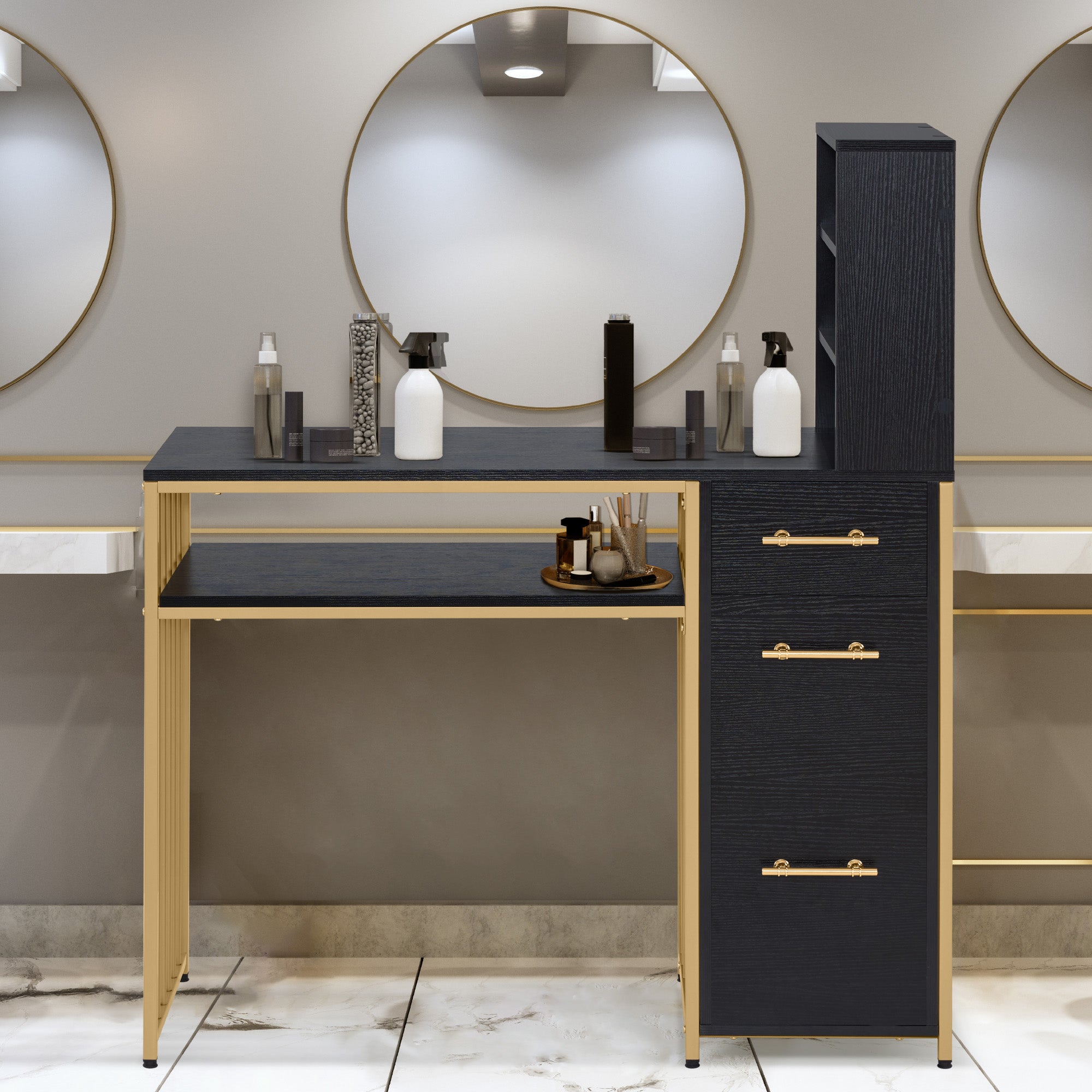 M MCombo Bureau met 3 lades, Nageltafel van hout met metalen frame, Manicure tafel, Make-up tafel zonder spiegel Modern, Computer bureau met plank voor de woonkamer, 43x108x125cm, 2420