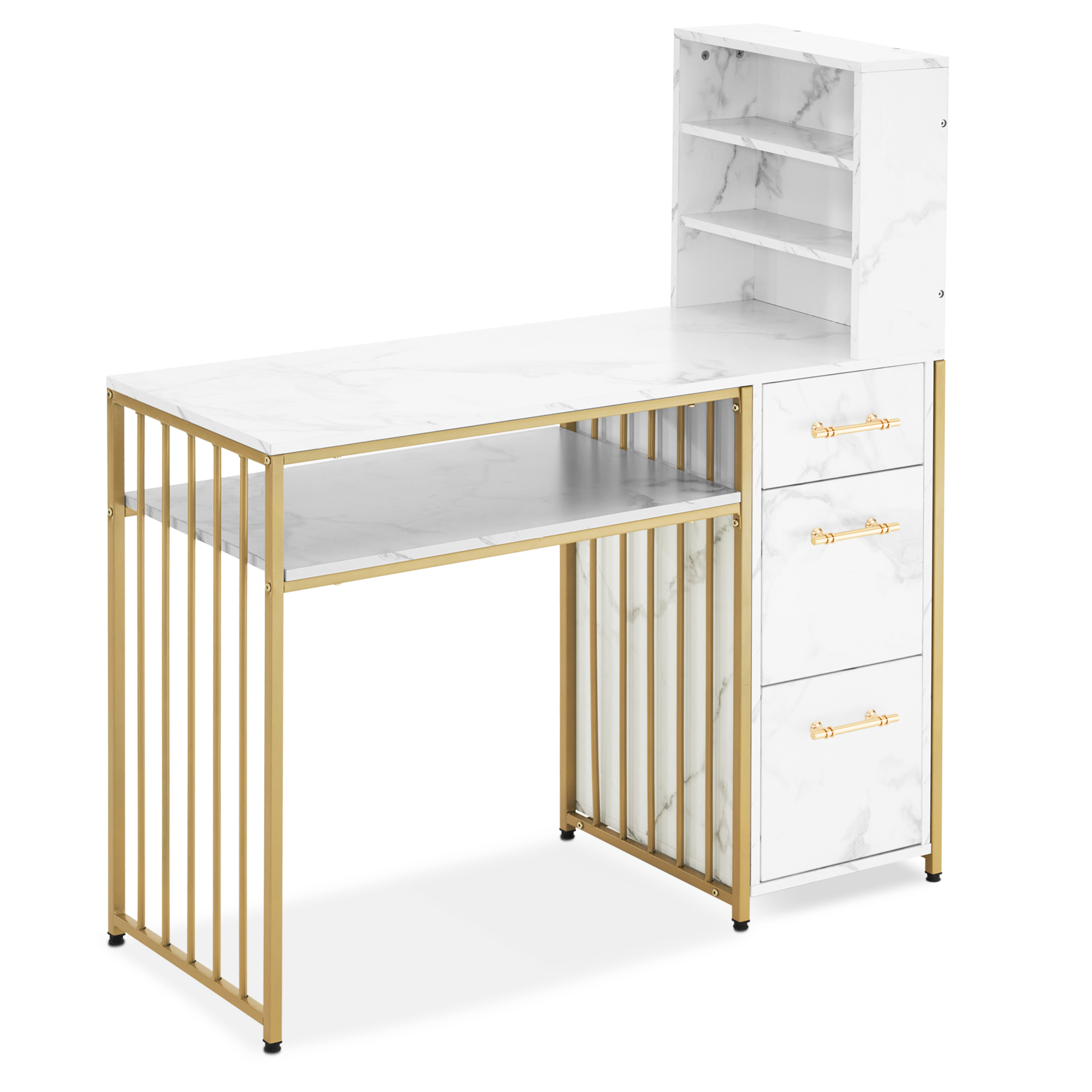 M MCombo Bureau met 3 lades, Nageltafel van hout met metalen frame, Manicure tafel, Make-up tafel zonder spiegel Modern, Computer bureau met plank voor de woonkamer, 43x108x125cm, 2420