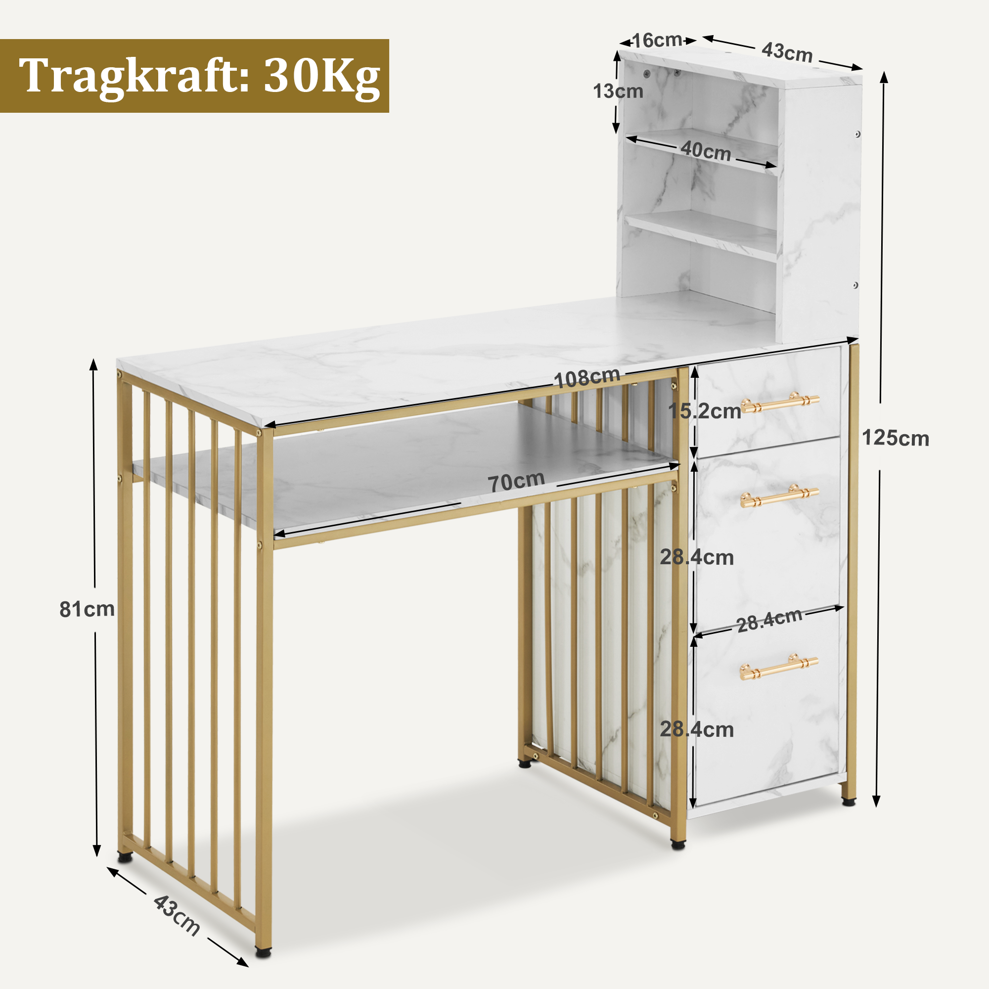 M MCombo Bureau met 3 lades, Nageltafel van hout met metalen frame, Manicure tafel, Make-up tafel zonder spiegel Modern, Computer bureau met plank voor de woonkamer, 43x108x125cm, 2420