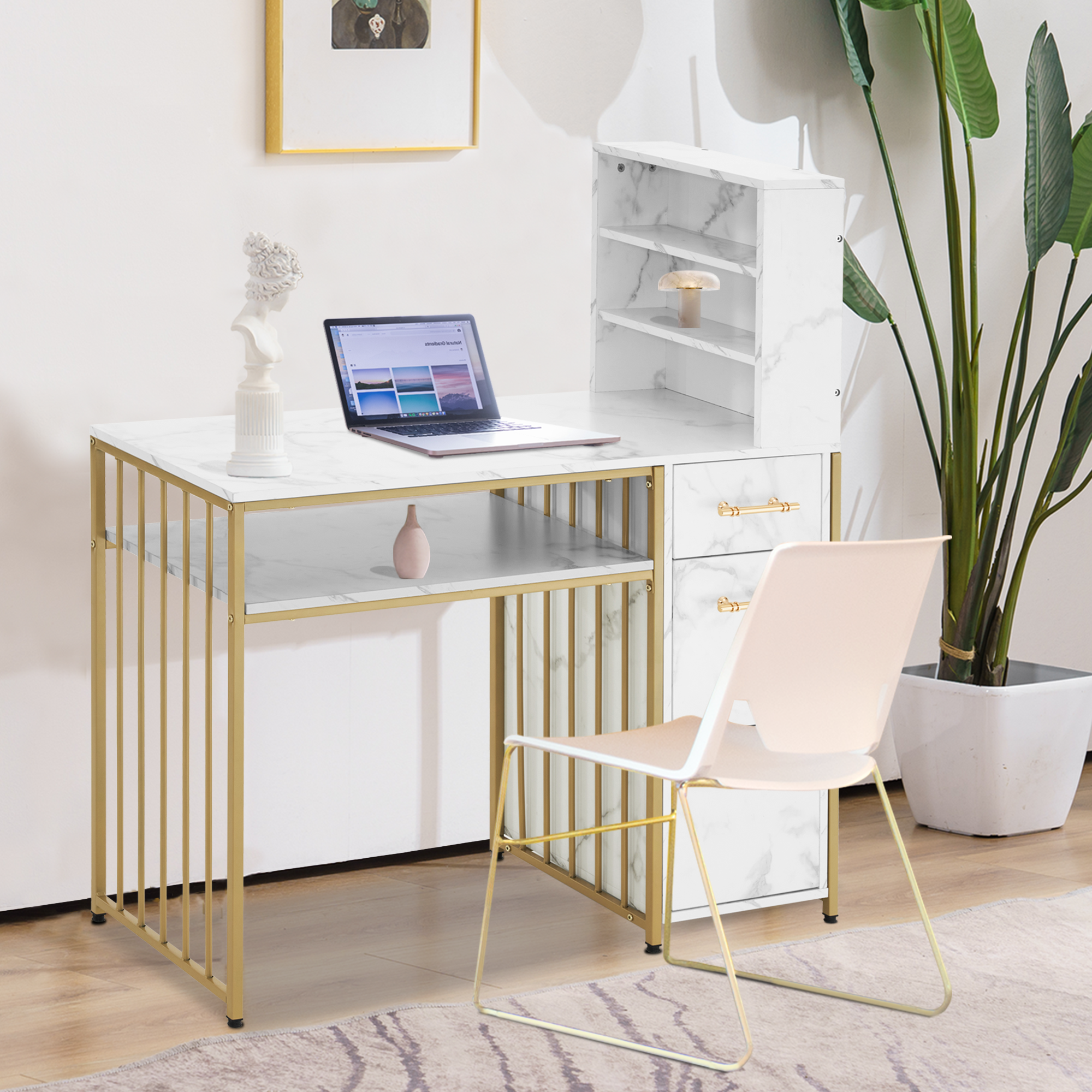 M MCombo Bureau met 3 lades, Nageltafel van hout met metalen frame, Manicure tafel, Make-up tafel zonder spiegel Modern, Computer bureau met plank voor de woonkamer, 43x108x125cm, 2420