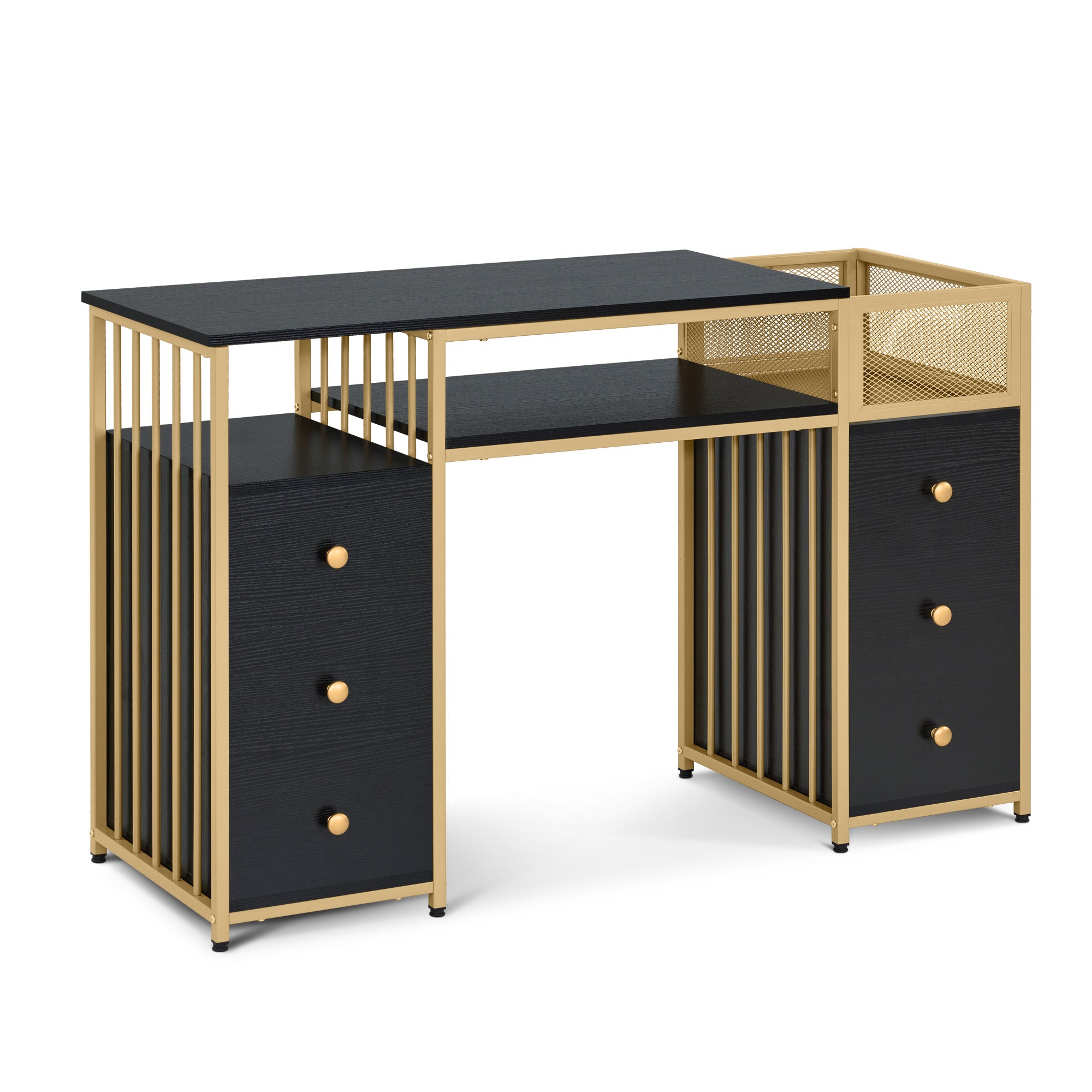 MCombo Scrivania con 6 cassetti, tavolo per manicure in legno con struttura in metallo, tavolo per manicure, tavolo da trucco senza specchio, moderna, scrivania per computer con ripiani per soggiorno, 46x125x81 cm, 2425