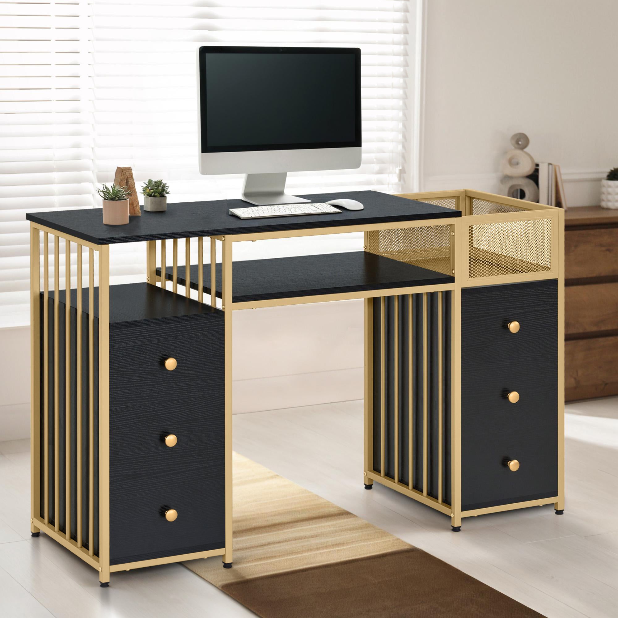 MCombo Scrivania con 6 cassetti, tavolo per manicure in legno con struttura in metallo, tavolo per manicure, tavolo da trucco senza specchio, moderna, scrivania per computer con ripiani per soggiorno, 46x125x81 cm, 2425