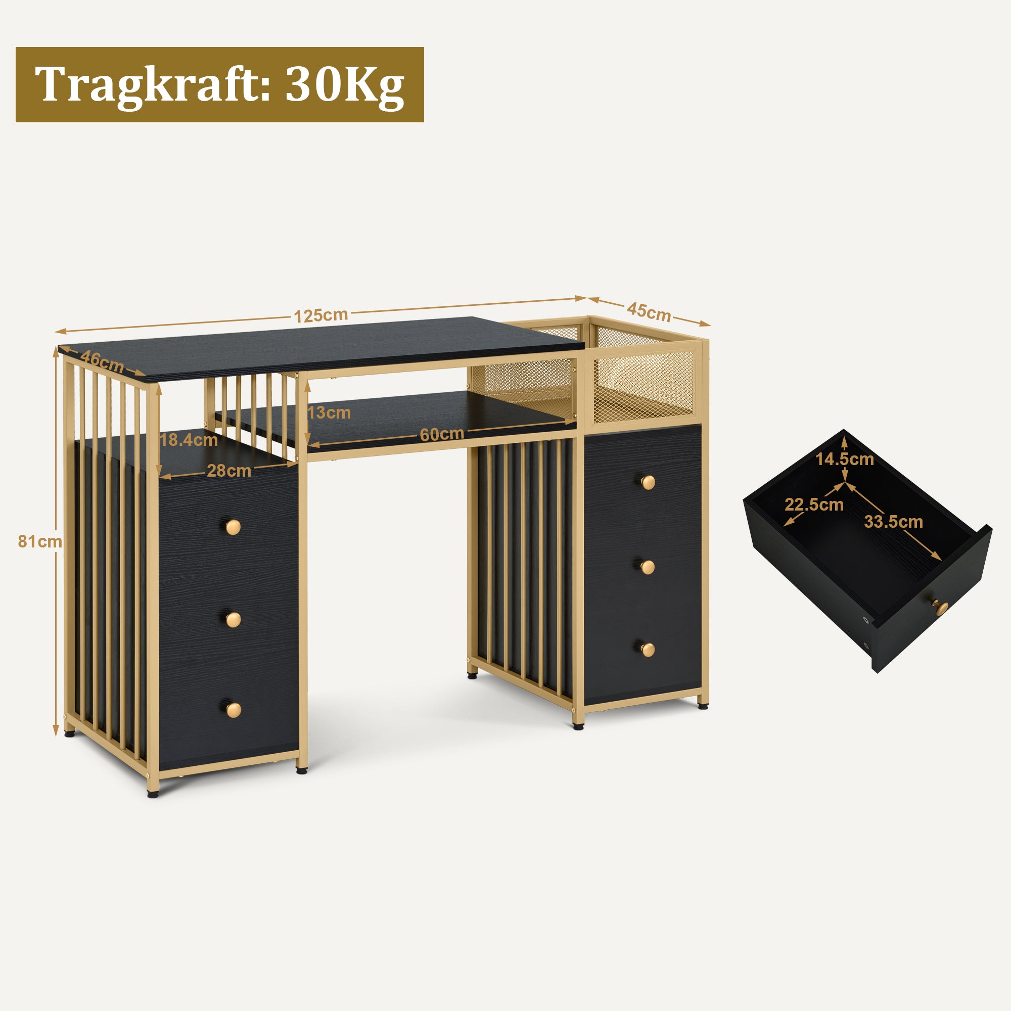 MCombo Scrivania con 6 cassetti, tavolo per manicure in legno con struttura in metallo, tavolo per manicure, tavolo da trucco senza specchio, moderna, scrivania per computer con ripiani per soggiorno, 46x125x81 cm, 2425