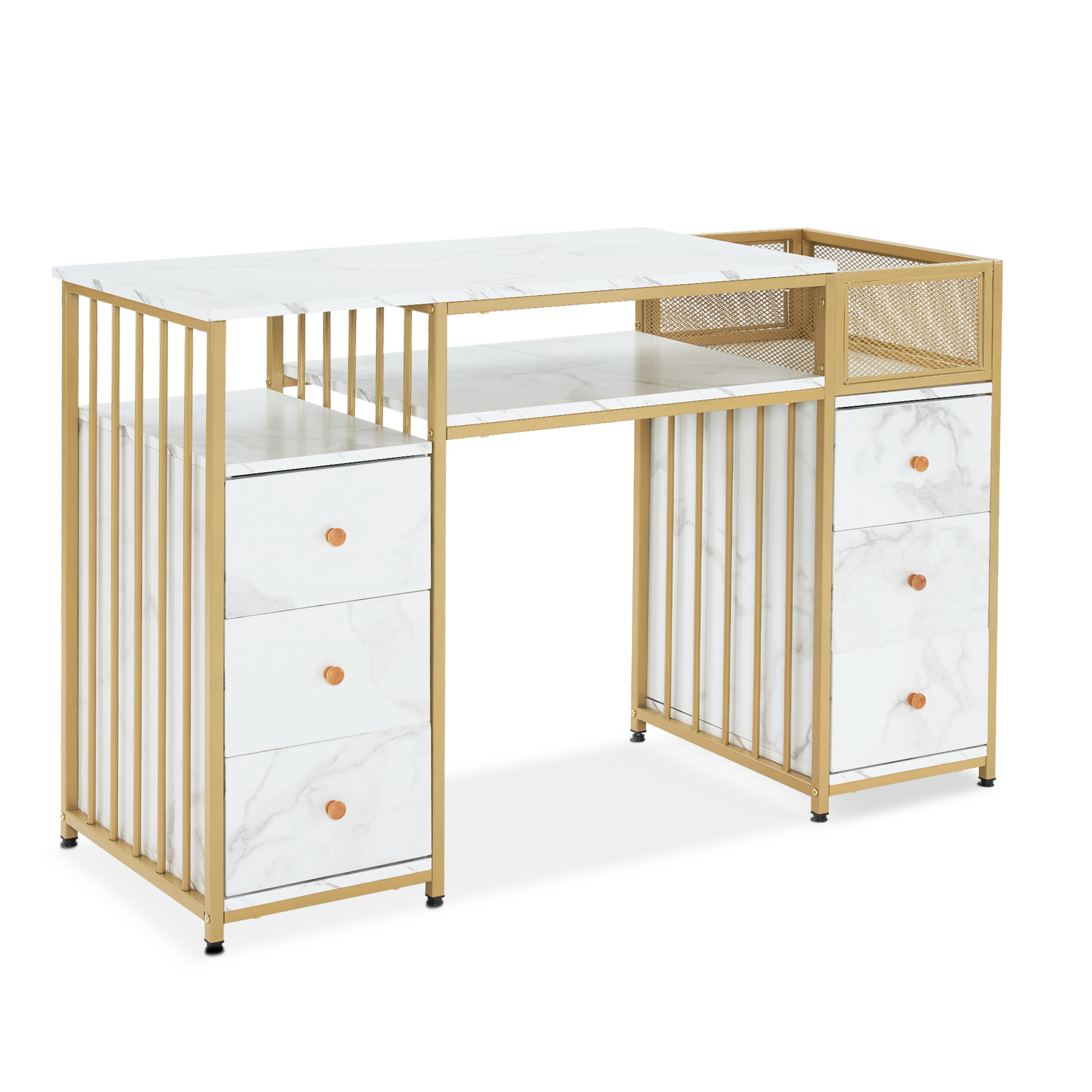 MCombo Scrivania con 6 cassetti, tavolo per manicure in legno con struttura in metallo, tavolo per manicure, tavolo da trucco senza specchio, moderna, scrivania per computer con ripiani per soggiorno, 46x125x81 cm, 2425