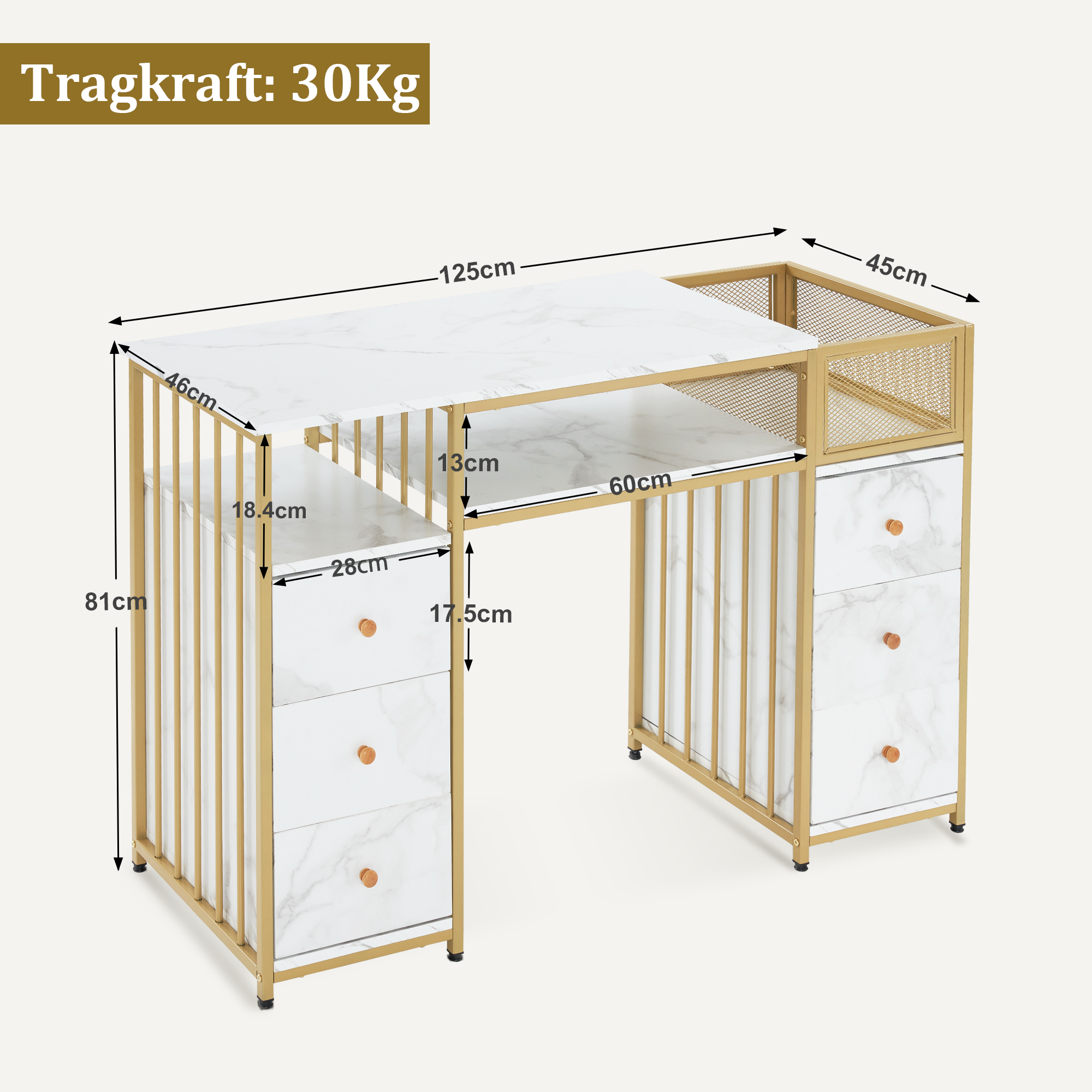 MCombo Scrivania con 6 cassetti, tavolo per manicure in legno con struttura in metallo, tavolo per manicure, tavolo da trucco senza specchio, moderna, scrivania per computer con ripiani per soggiorno, 46x125x81 cm, 2425