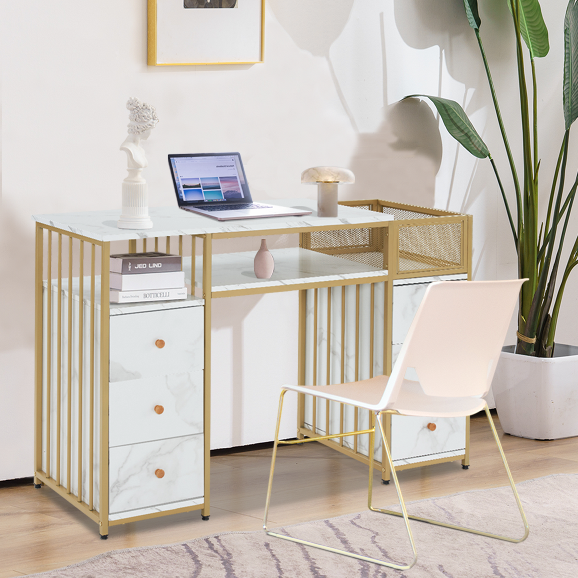 MCombo Scrivania con 6 cassetti, tavolo per manicure in legno con struttura in metallo, tavolo per manicure, tavolo da trucco senza specchio, moderna, scrivania per computer con ripiani per soggiorno, 46x125x81 cm, 2425