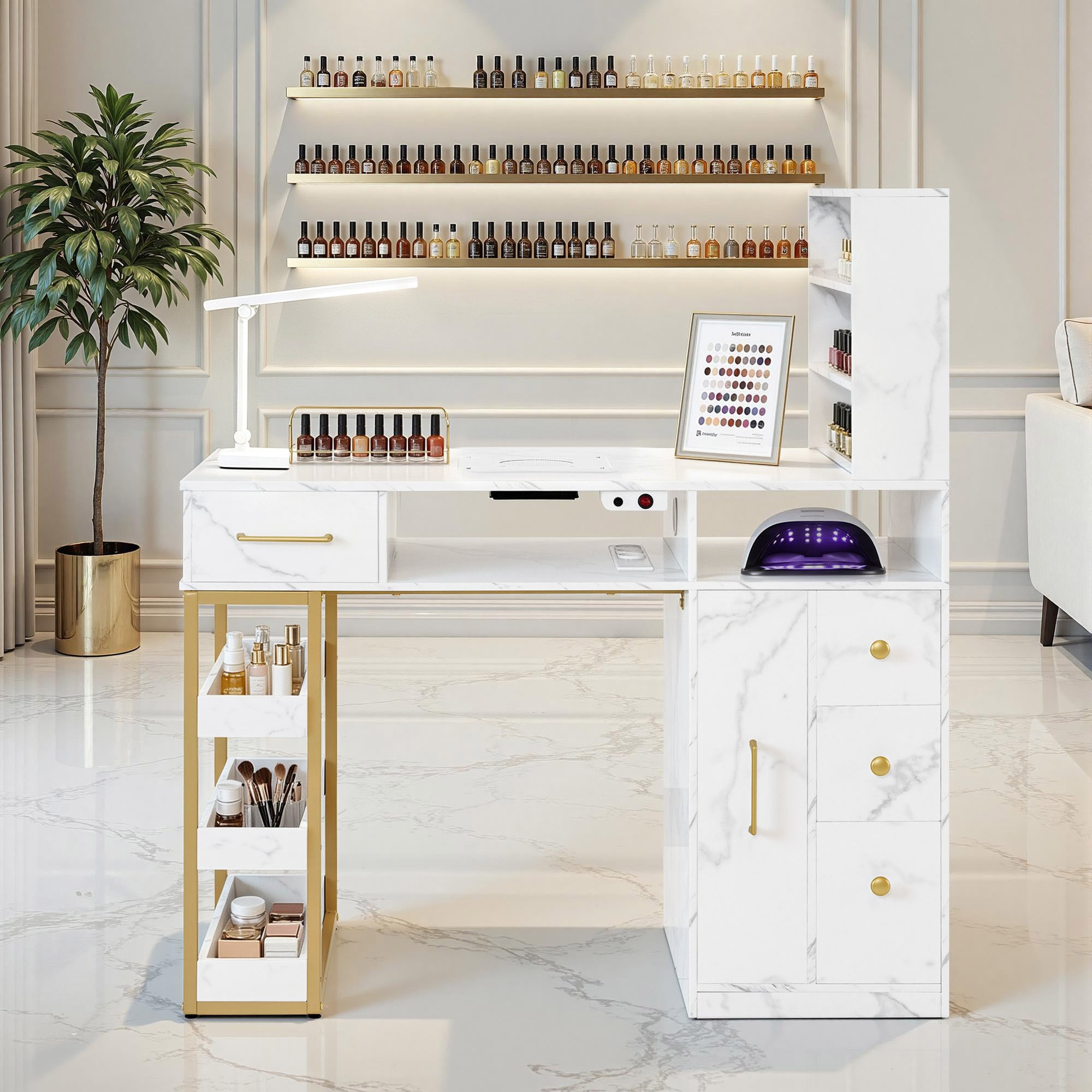 M MCombo Tavolo da trucco MCombo con 4 cassetti, 2 ripiani, 5 scomparti e 1 mobiletto estraibile; tavolo per manicure con aspiratore di polveri e 2 sacchetti di raccolta; tavolo per centro estetico (55x112x123 cm, modello 2439)