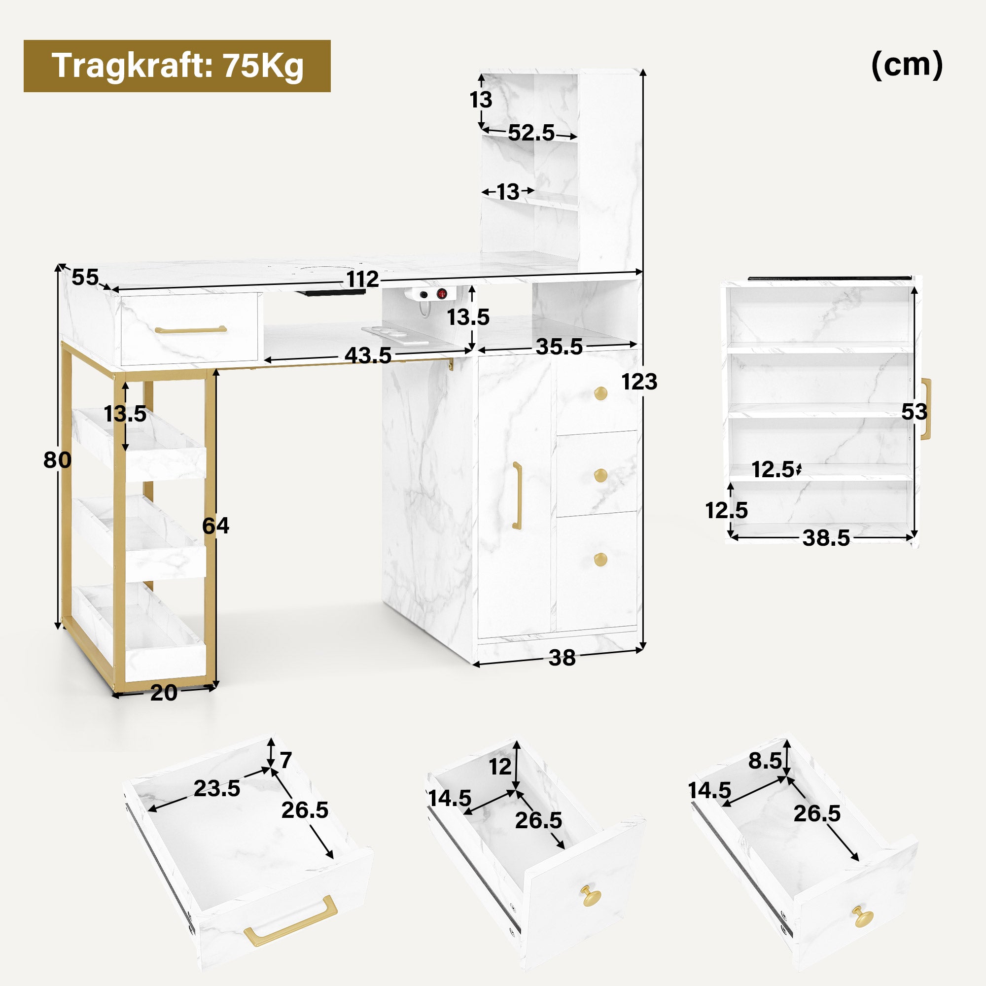 M MCombo Tavolo da trucco MCombo con 4 cassetti, 2 ripiani, 5 scomparti e 1 mobiletto estraibile; tavolo per manicure con aspiratore di polveri e 2 sacchetti di raccolta; tavolo per centro estetico (55x112x123 cm, modello 2439)
