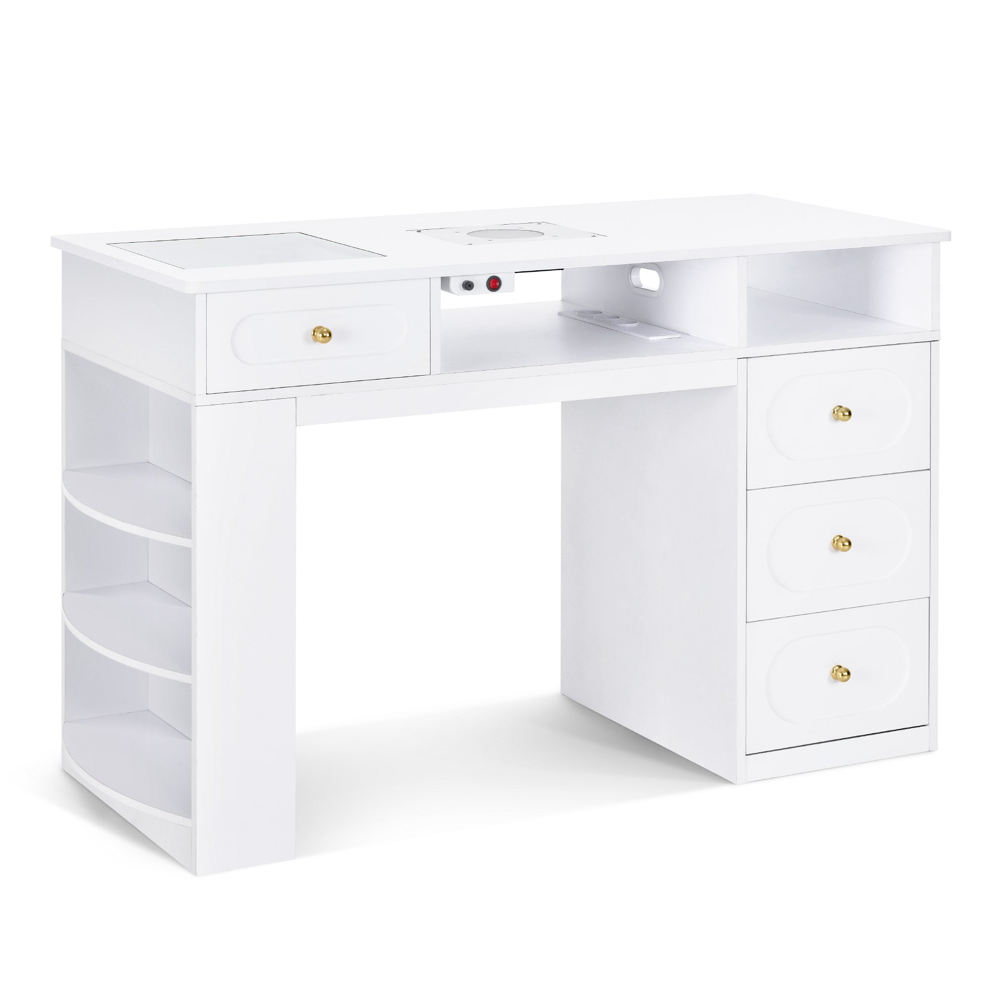 MCombo Scrivania con 4 cassetti, ripiano, tavolo per manicure con aspirazione della polvere e 2 sacchetti per aspirapolvere, tavolo in legno per salone di bellezza, scrivania bianca per studio di manicure, 55x120x80 cm, 2442