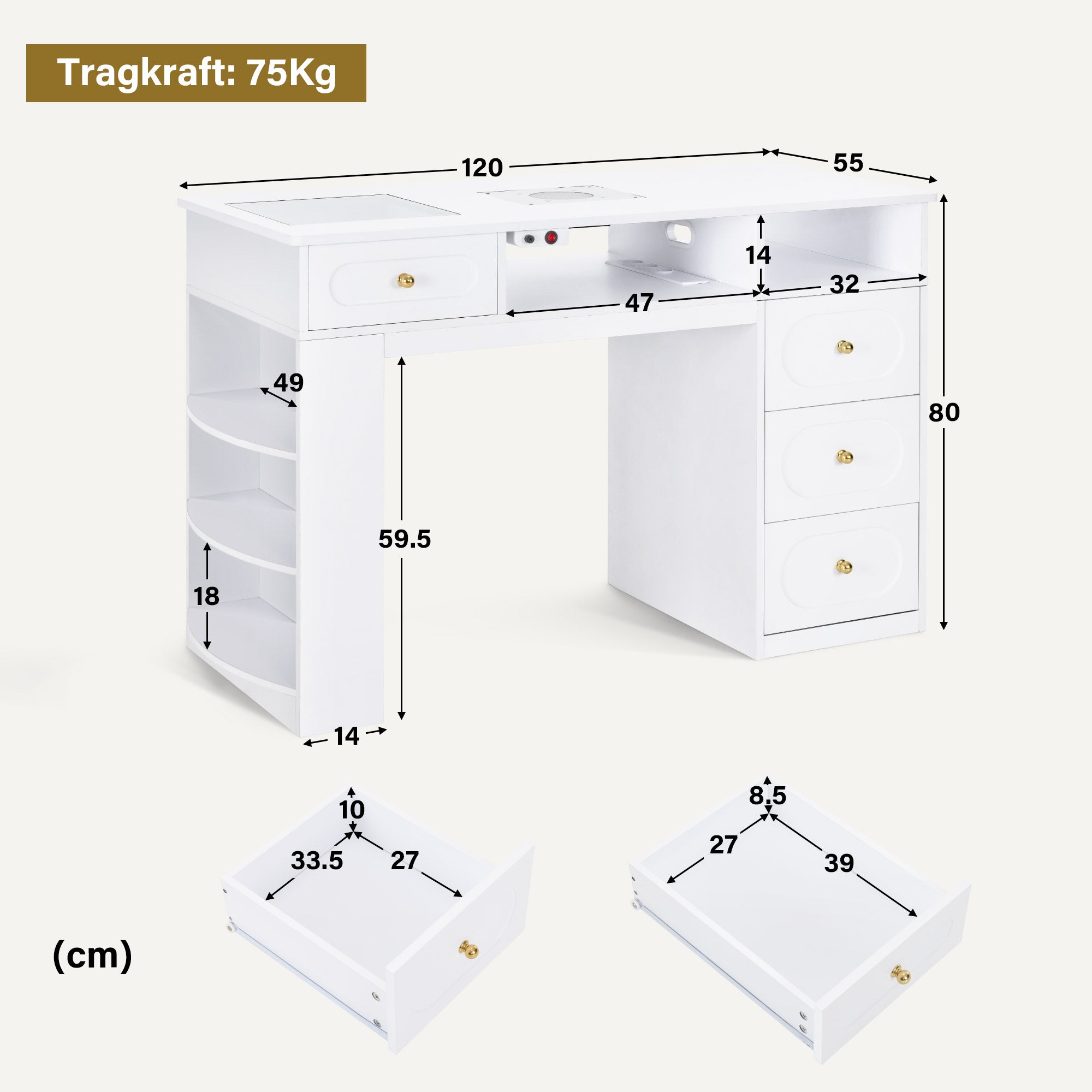 MCombo Scrivania con 4 cassetti, ripiano, tavolo per manicure con aspirazione della polvere e 2 sacchetti per aspirapolvere, tavolo in legno per salone di bellezza, scrivania bianca per studio di manicure, 55x120x80 cm, 2442