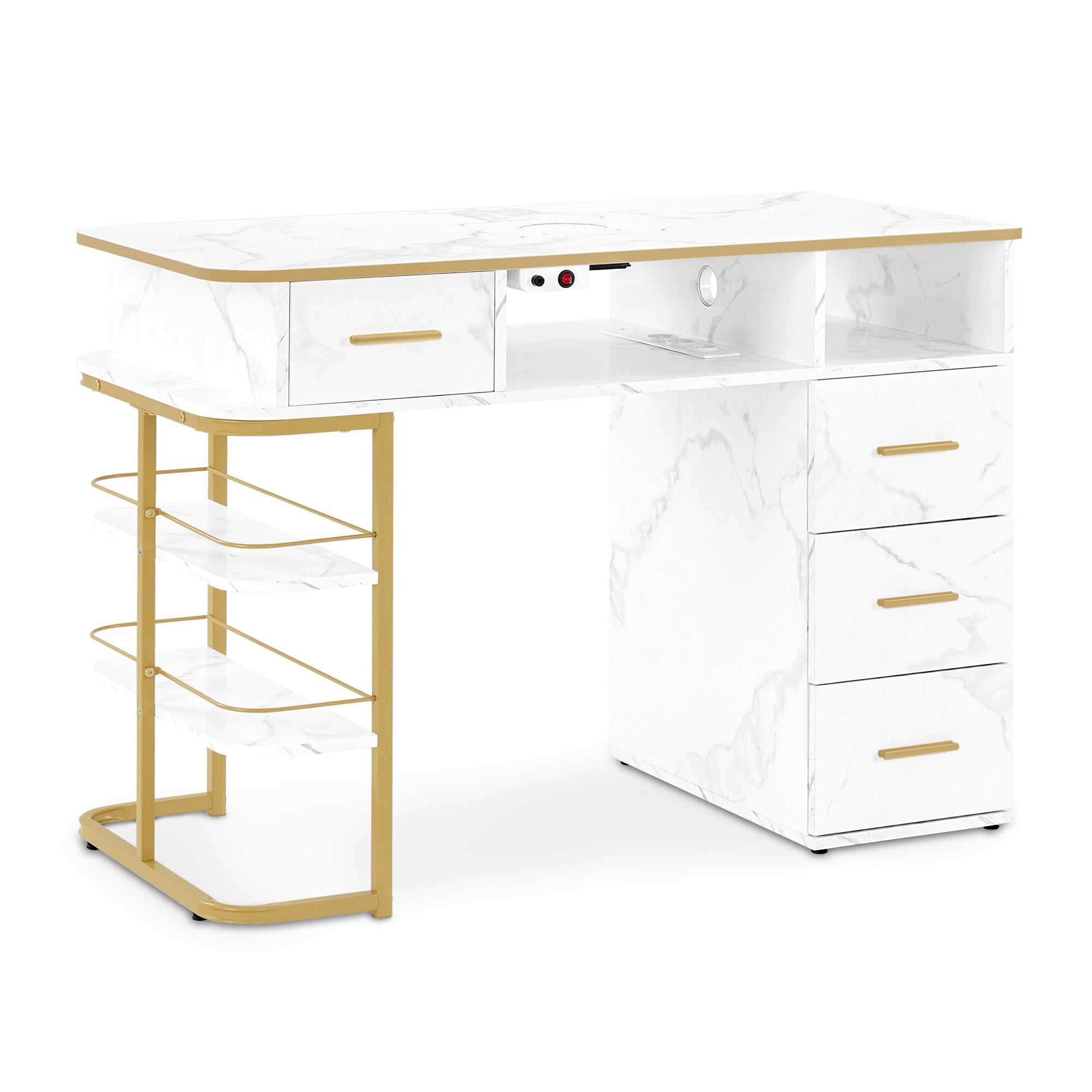 MCombo Tavolo per manicure con 4 cassetti, 1 ripiano e 5 scomparti, tavolo per unghie con aspirazione della polvere, 2 sacchetti per aspirapolvere, tavolo in legno per salone di bellezza, scrivania per studio unghie, marmo bianco oro, 55x112x80 cm, 2464