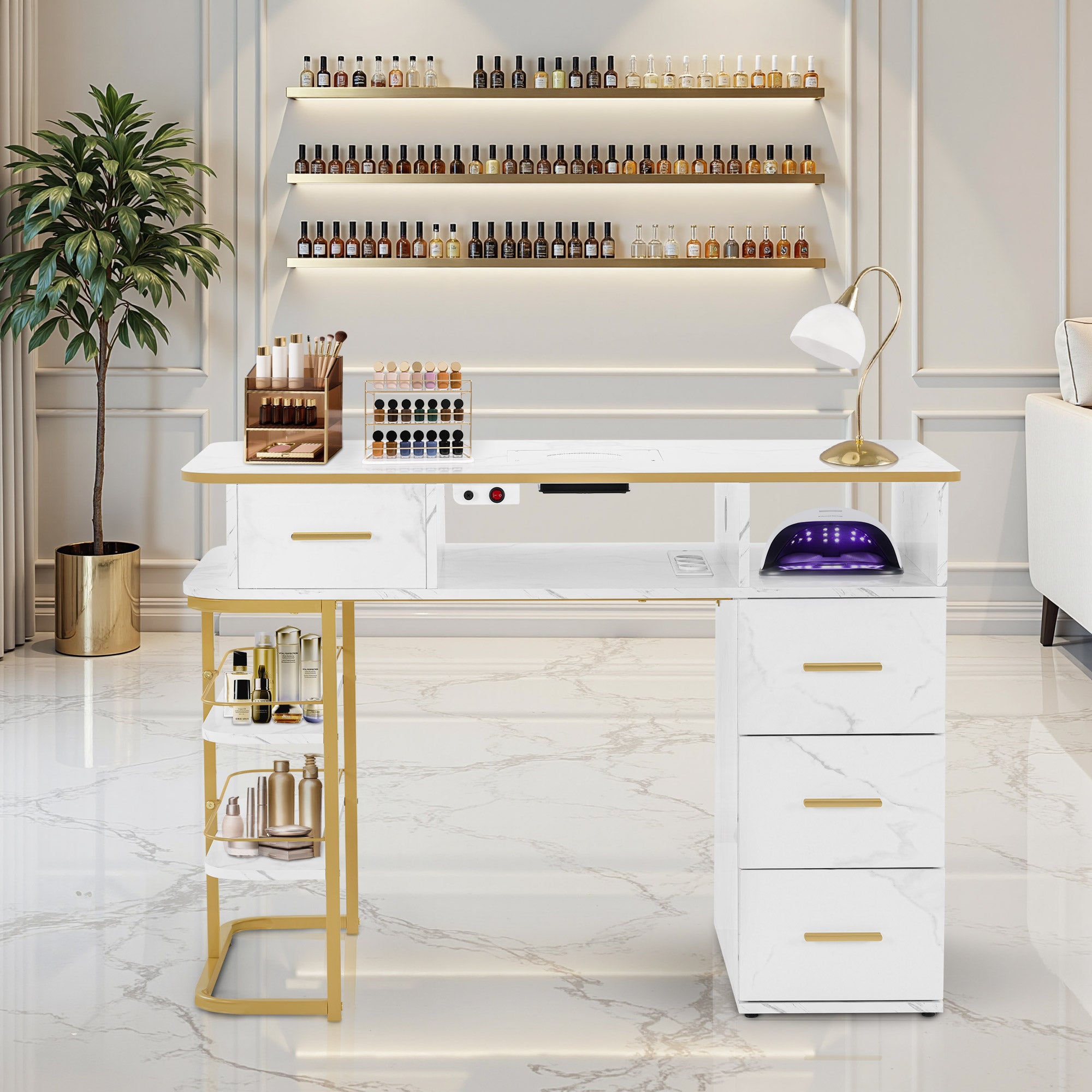 MCombo Tavolo per manicure con 4 cassetti, 1 ripiano e 5 scomparti, tavolo per unghie con aspirazione della polvere, 2 sacchetti per aspirapolvere, tavolo in legno per salone di bellezza, scrivania per studio unghie, marmo bianco oro, 55x112x80 cm, 2464
