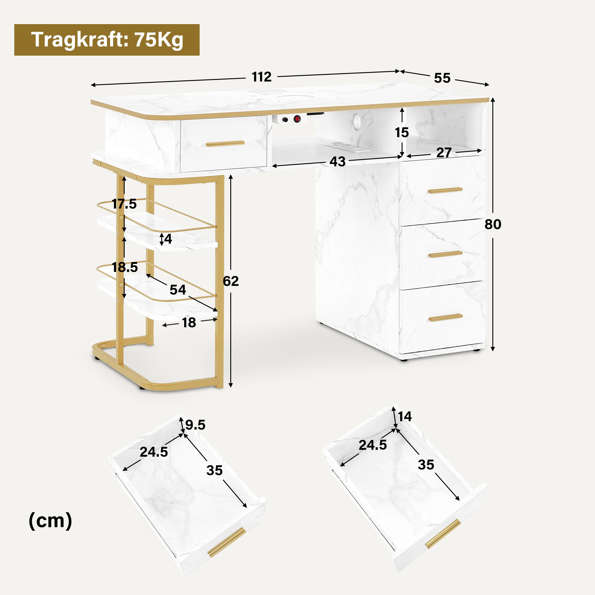 MCombo Tavolo per manicure con 4 cassetti, 1 ripiano e 5 scomparti, tavolo per unghie con aspirazione della polvere, 2 sacchetti per aspirapolvere, tavolo in legno per salone di bellezza, scrivania per studio unghie, marmo bianco oro, 55x112x80 cm, 2464