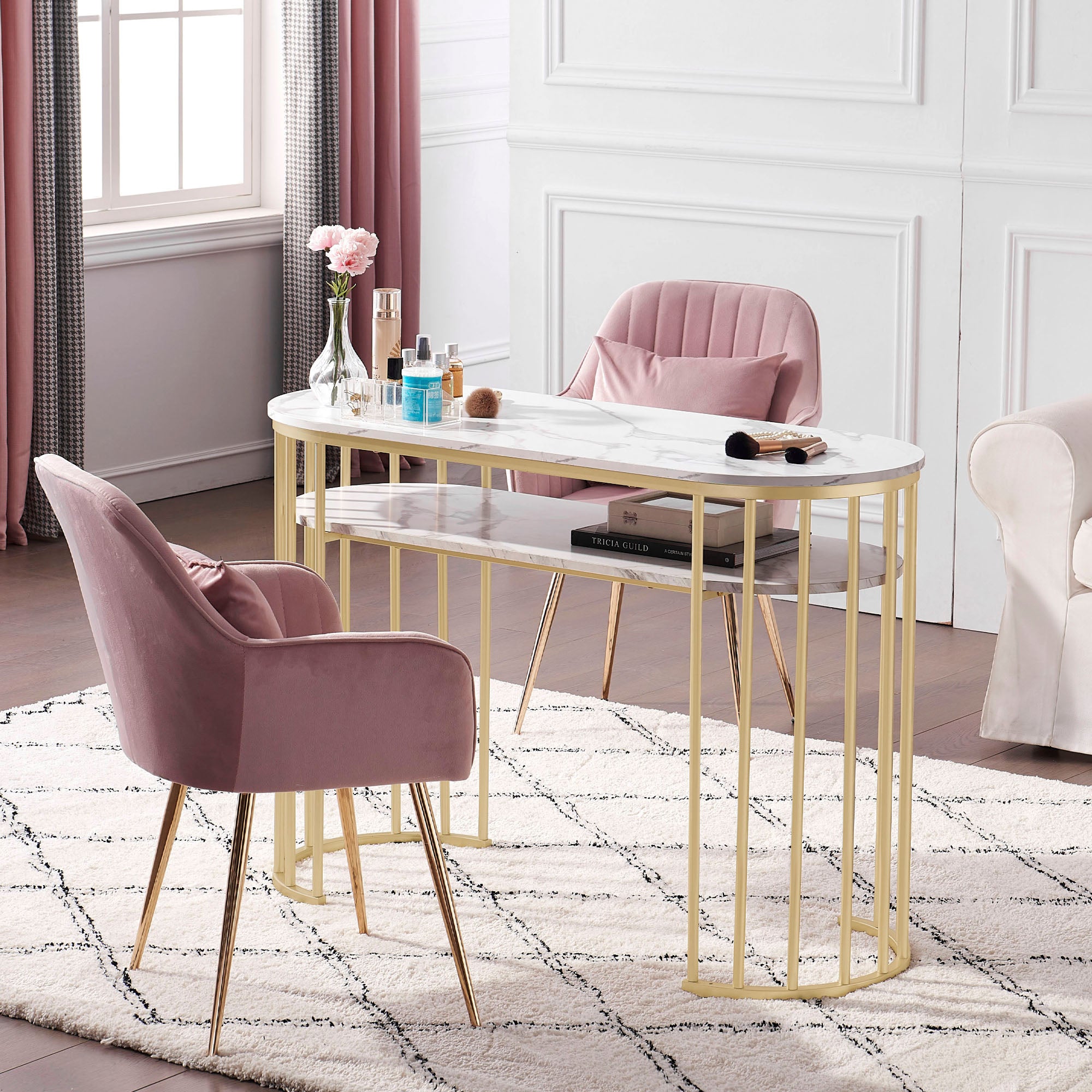 M MCombo Bureau zonder lades, Make-up tafel zonder spiegel Marmer-Wit Goud, Manicure tafel, Nageltafel van hout met metalen frame, Computer tafel Woonkamer Modern, 45 x 114 x 78cm, 2482