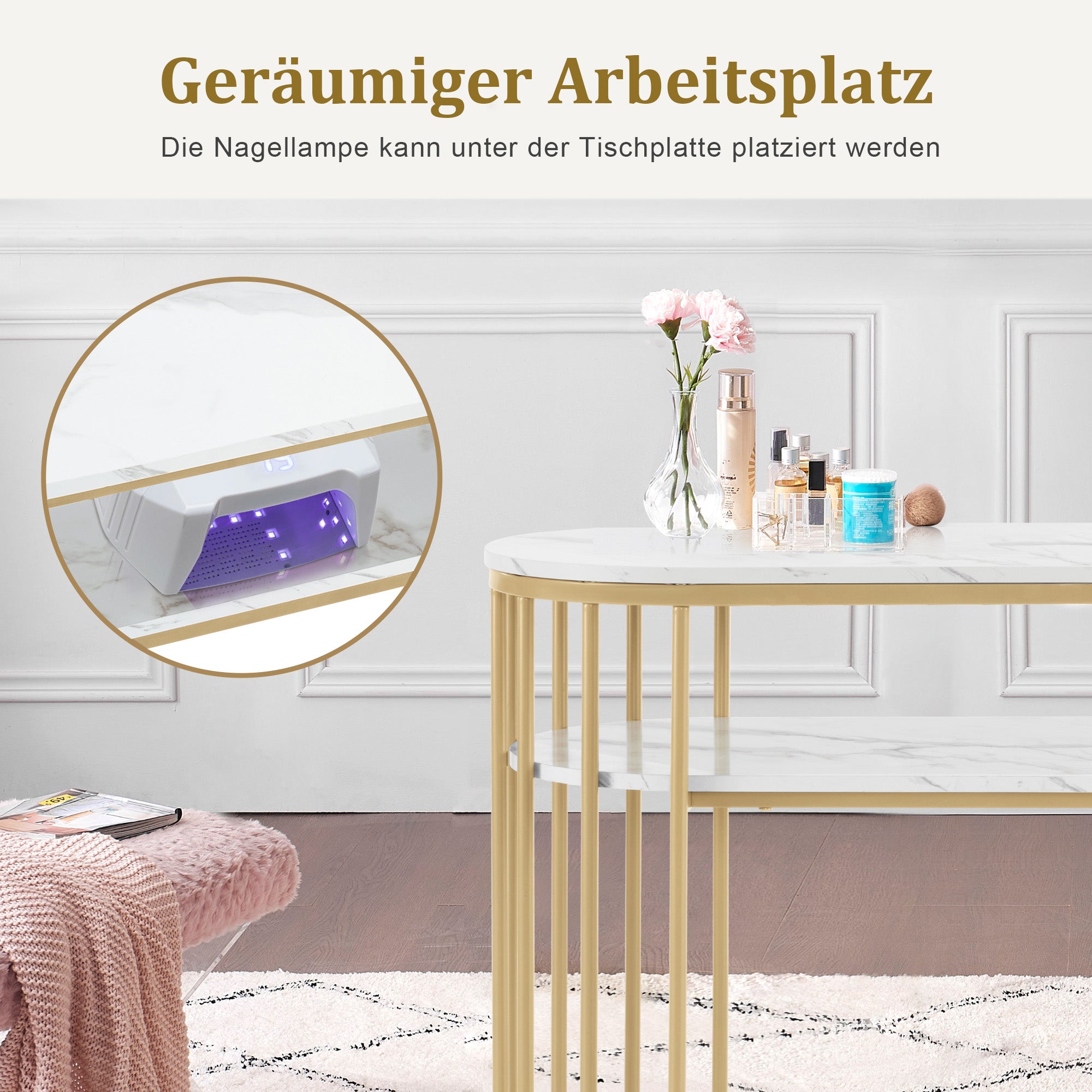 M MCombo Bureau zonder lades, Make-up tafel zonder spiegel Marmer-Wit Goud, Manicure tafel, Nageltafel van hout met metalen frame, Computer tafel Woonkamer Modern, 45 x 114 x 78cm, 2482