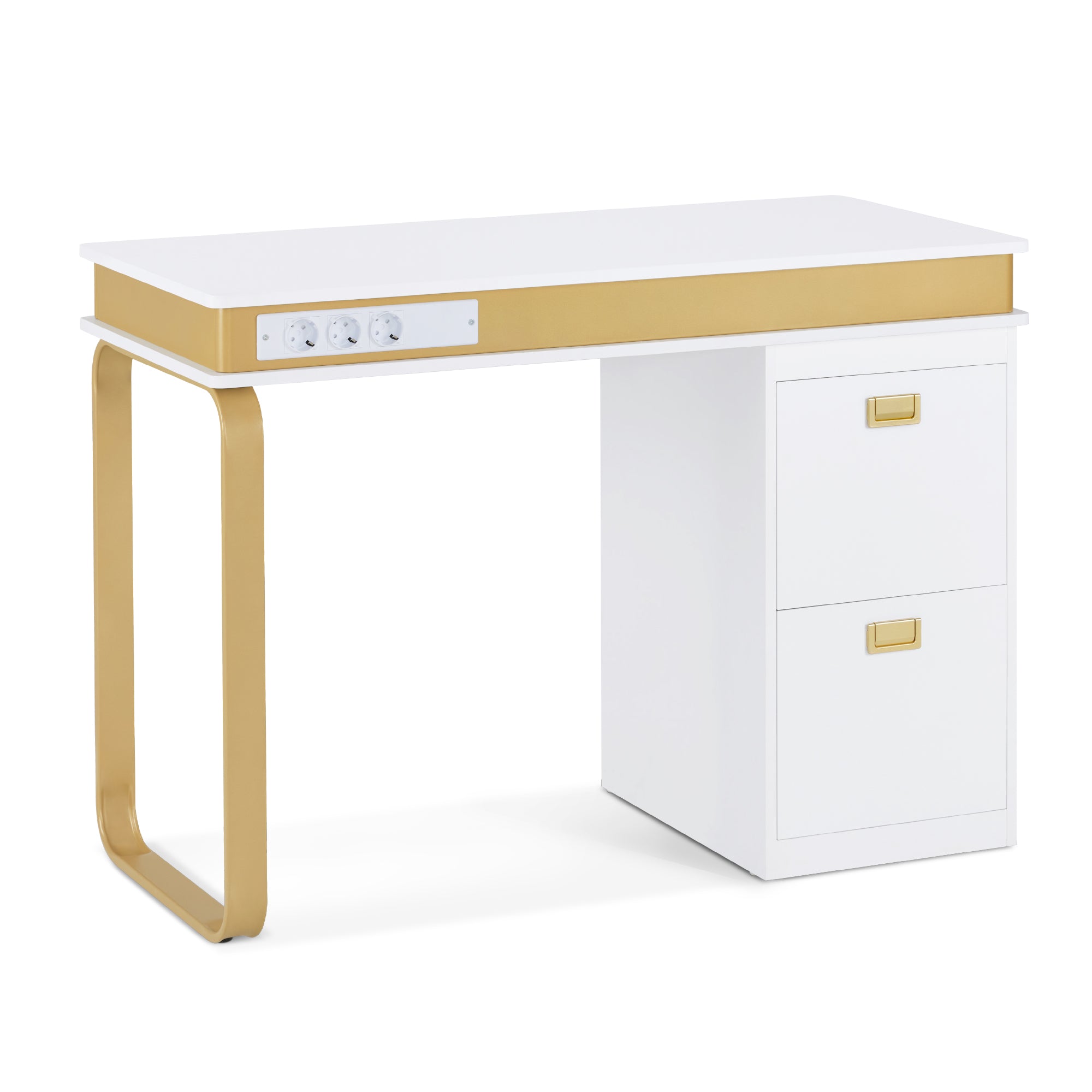 M MCombo Bureau met lades voor nagelstudio, manicure tafel met 3 stopcontacten, make-up tafel zonder spiegel Wit-Goud, nageltafel van hout met metalen frame, nagelstyling tafel, 50x110x80,5cm, 2484