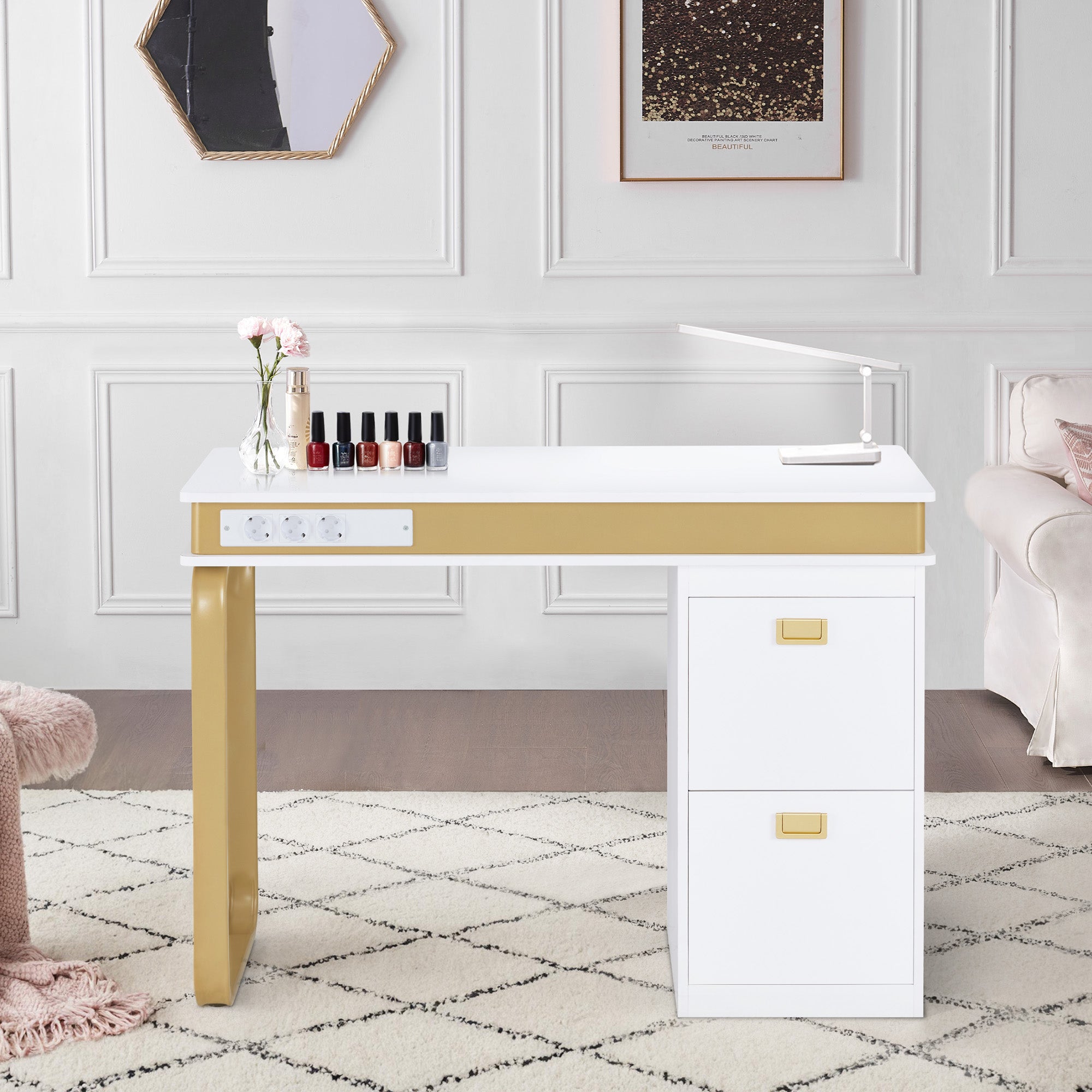 M MCombo Bureau met lades voor nagelstudio, manicure tafel met 3 stopcontacten, make-up tafel zonder spiegel Wit-Goud, nageltafel van hout met metalen frame, nagelstyling tafel, 50x110x80,5cm, 2484
