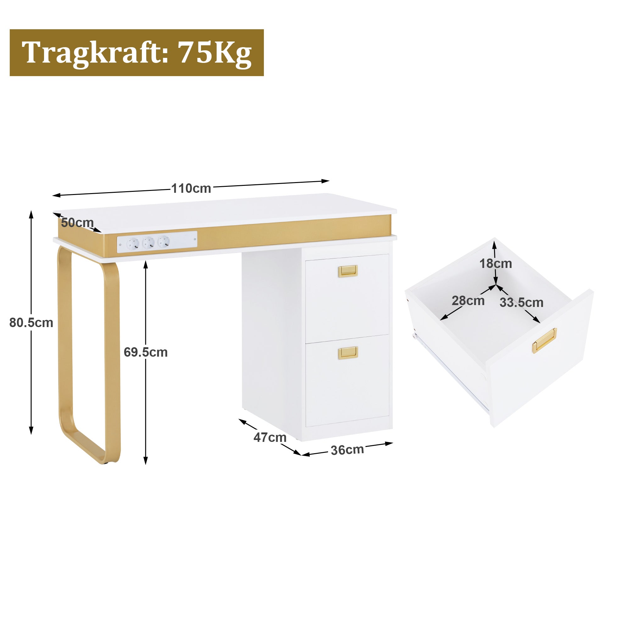 M MCombo Bureau met lades voor nagelstudio, manicure tafel met 3 stopcontacten, make-up tafel zonder spiegel Wit-Goud, nageltafel van hout met metalen frame, nagelstyling tafel, 50x110x80,5cm, 2484