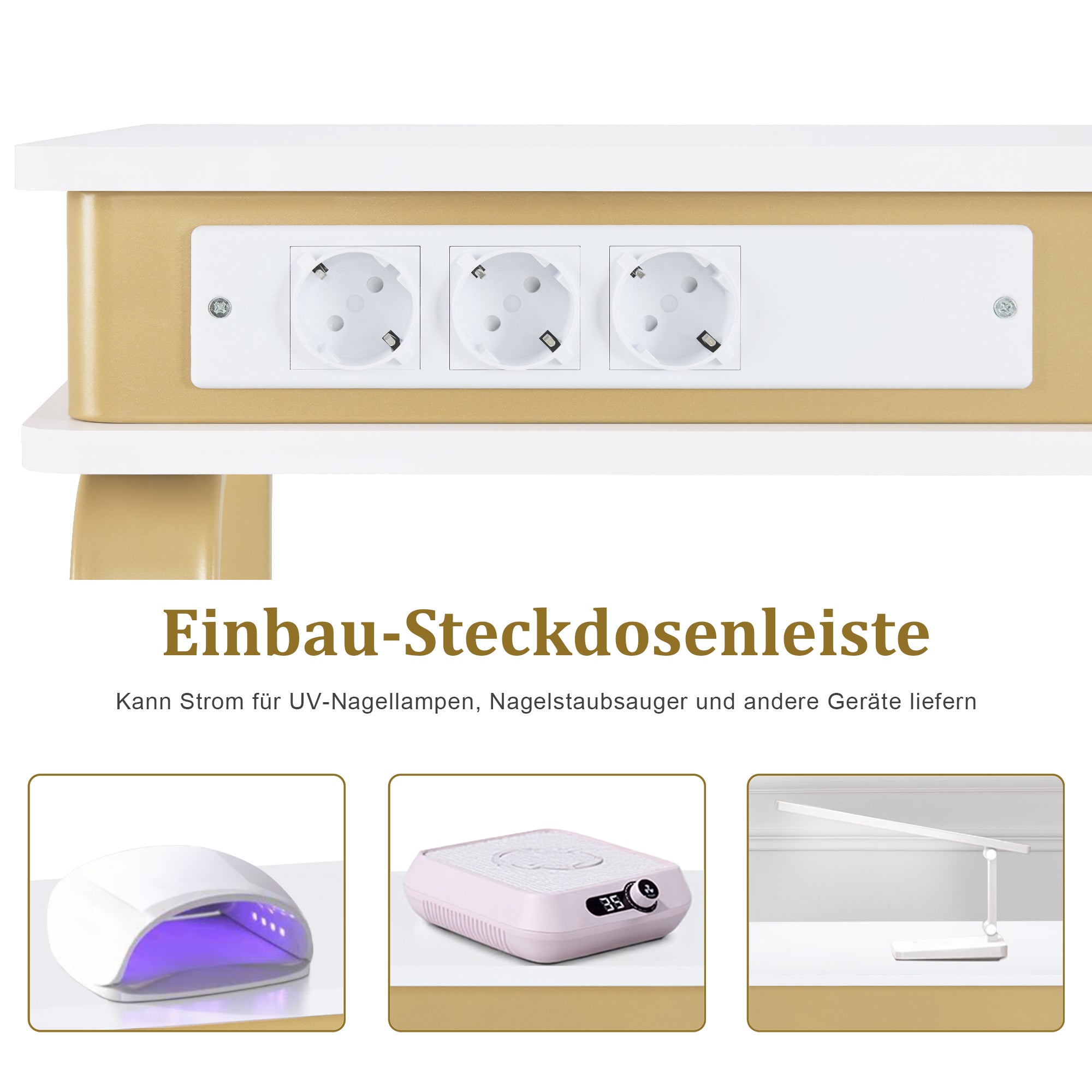 M MCombo Bureau met lades voor nagelstudio, manicure tafel met 3 stopcontacten, make-up tafel zonder spiegel Wit-Goud, nageltafel van hout met metalen frame, nagelstyling tafel, 50x110x80,5cm, 2484