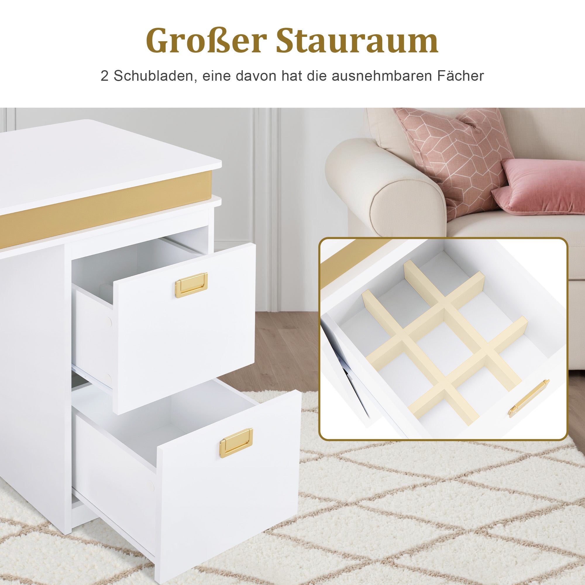 M MCombo Bureau met lades voor nagelstudio, manicure tafel met 3 stopcontacten, make-up tafel zonder spiegel Wit-Goud, nageltafel van hout met metalen frame, nagelstyling tafel, 50x110x80,5cm, 2484