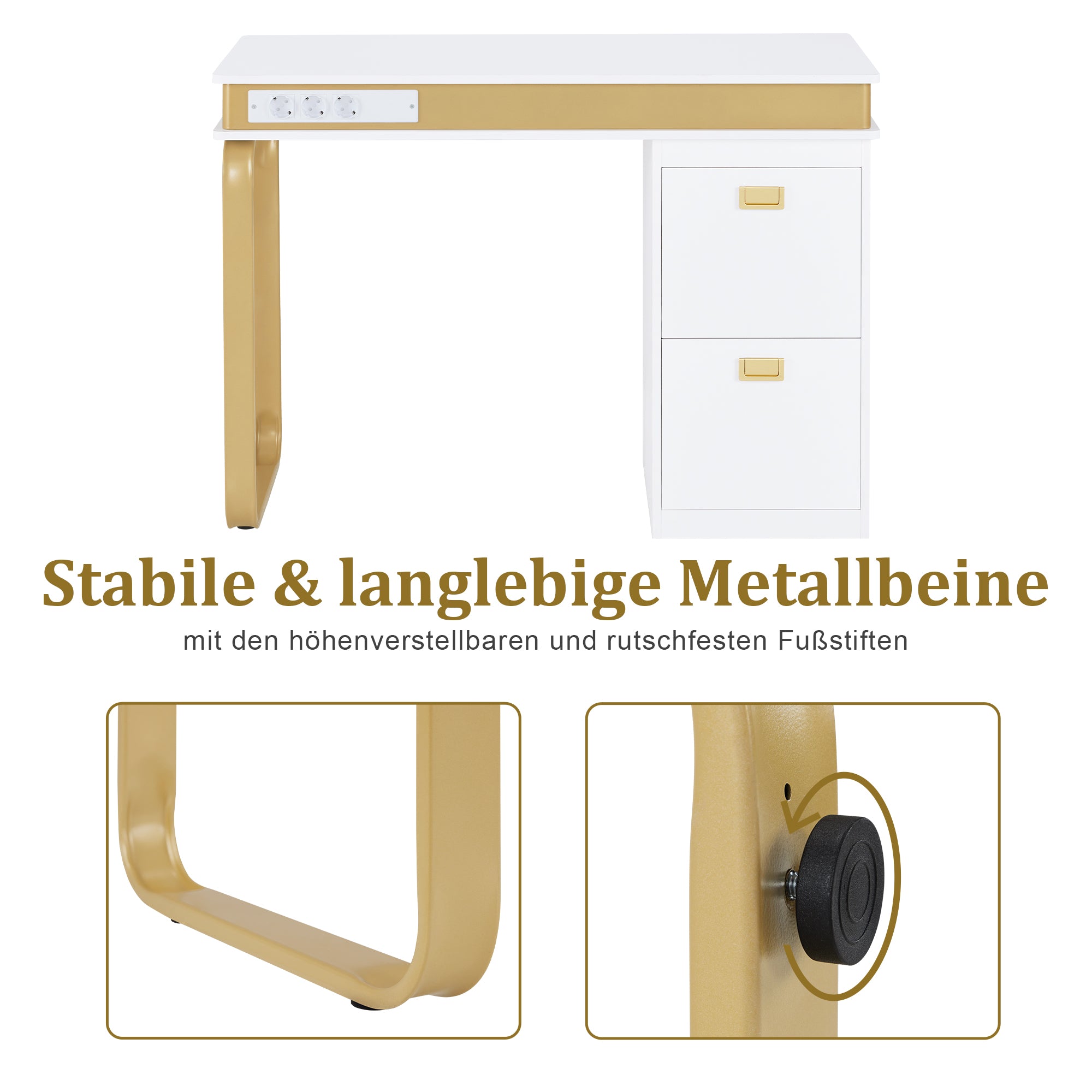 M MCombo Bureau met lades voor nagelstudio, manicure tafel met 3 stopcontacten, make-up tafel zonder spiegel Wit-Goud, nageltafel van hout met metalen frame, nagelstyling tafel, 50x110x80,5cm, 2484
