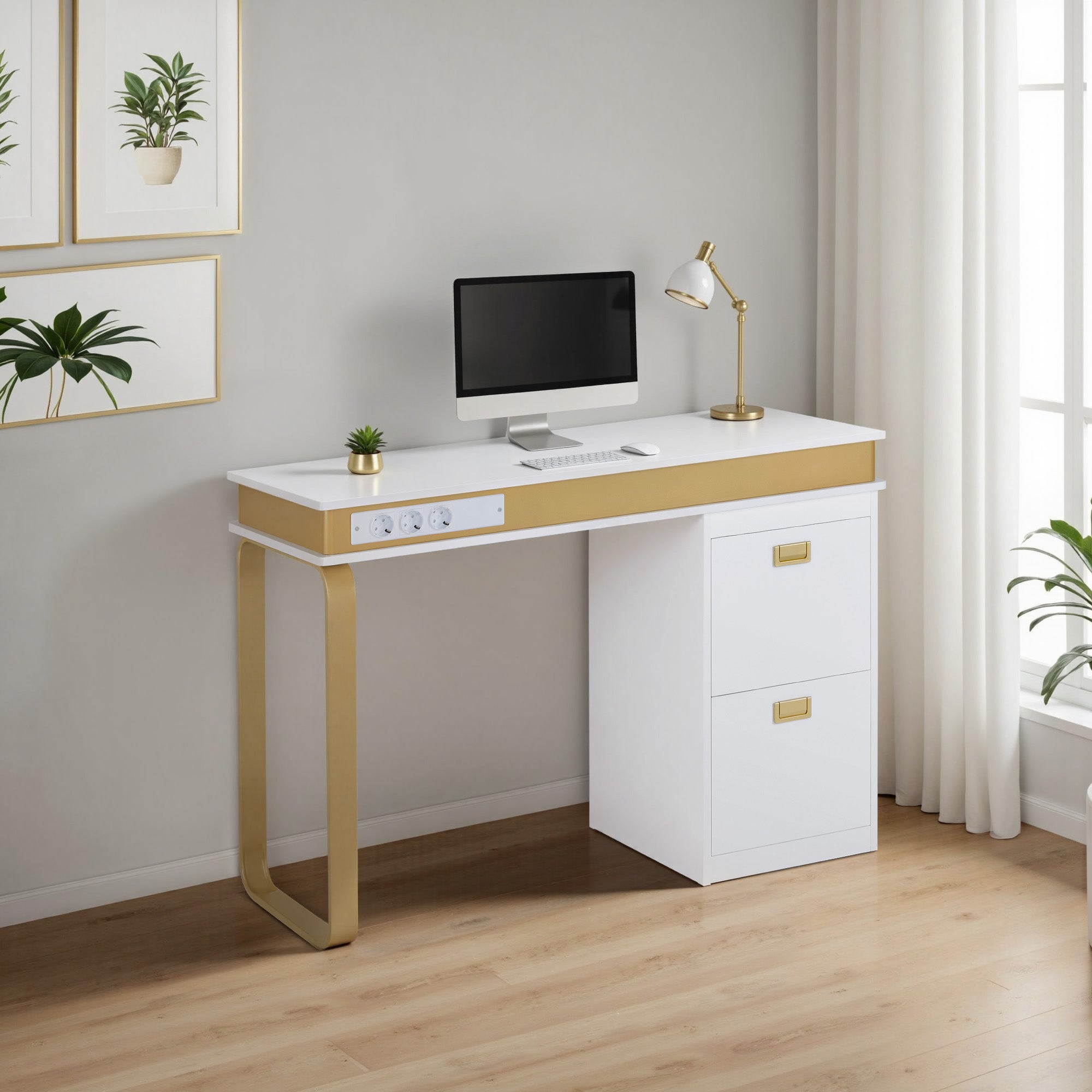 M MCombo Bureau met lades voor nagelstudio, manicure tafel met 3 stopcontacten, make-up tafel zonder spiegel Wit-Goud, nageltafel van hout met metalen frame, nagelstyling tafel, 50x110x80,5cm, 2484