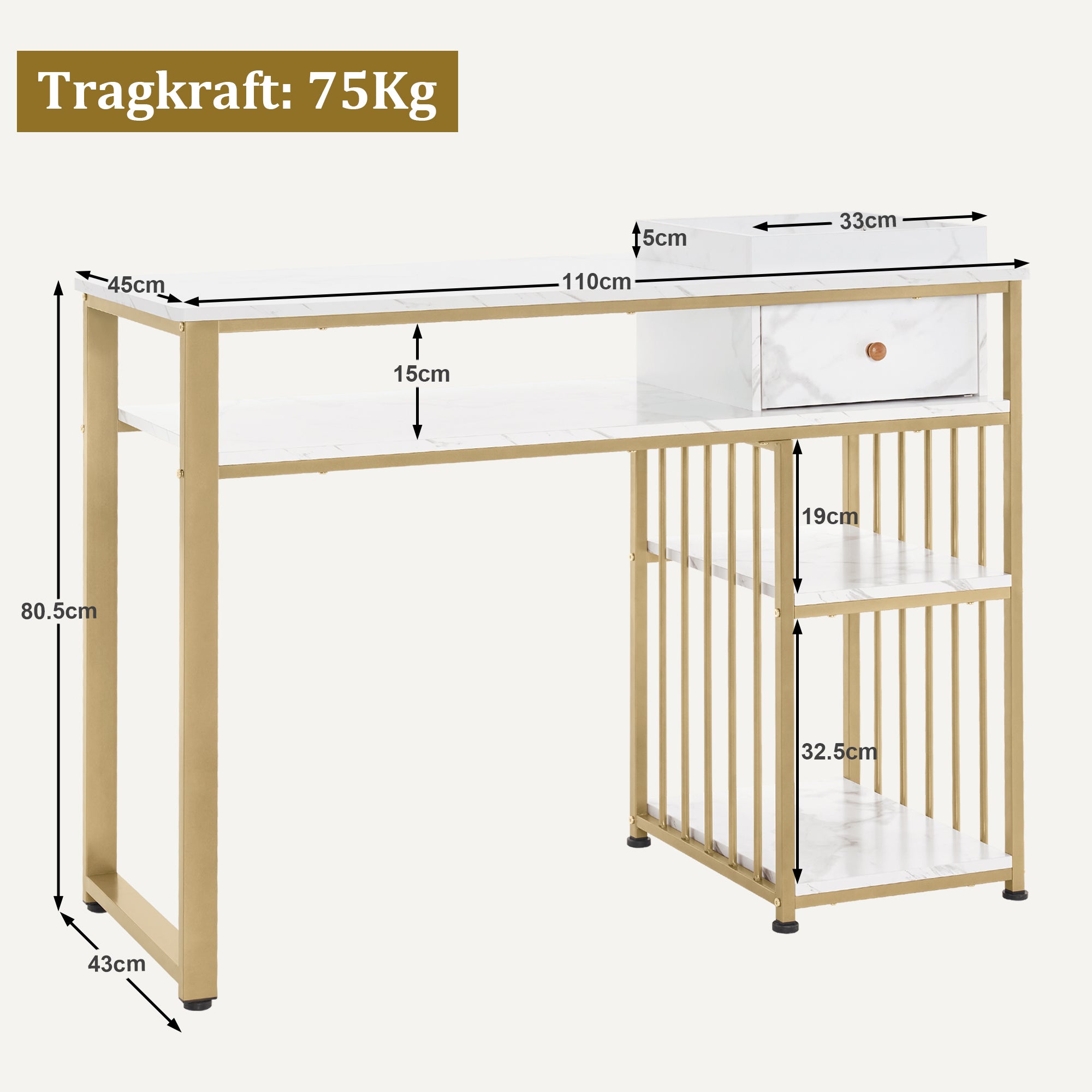 M MCombo Bureau met lades, Nageltafel met rek, Manicure tafel van hout met metalen frame, Make-up tafel zonder spiegel woonkamer Modern, Marmer-Wit Goud, 45 x 110 x 80.5cm, 2498
