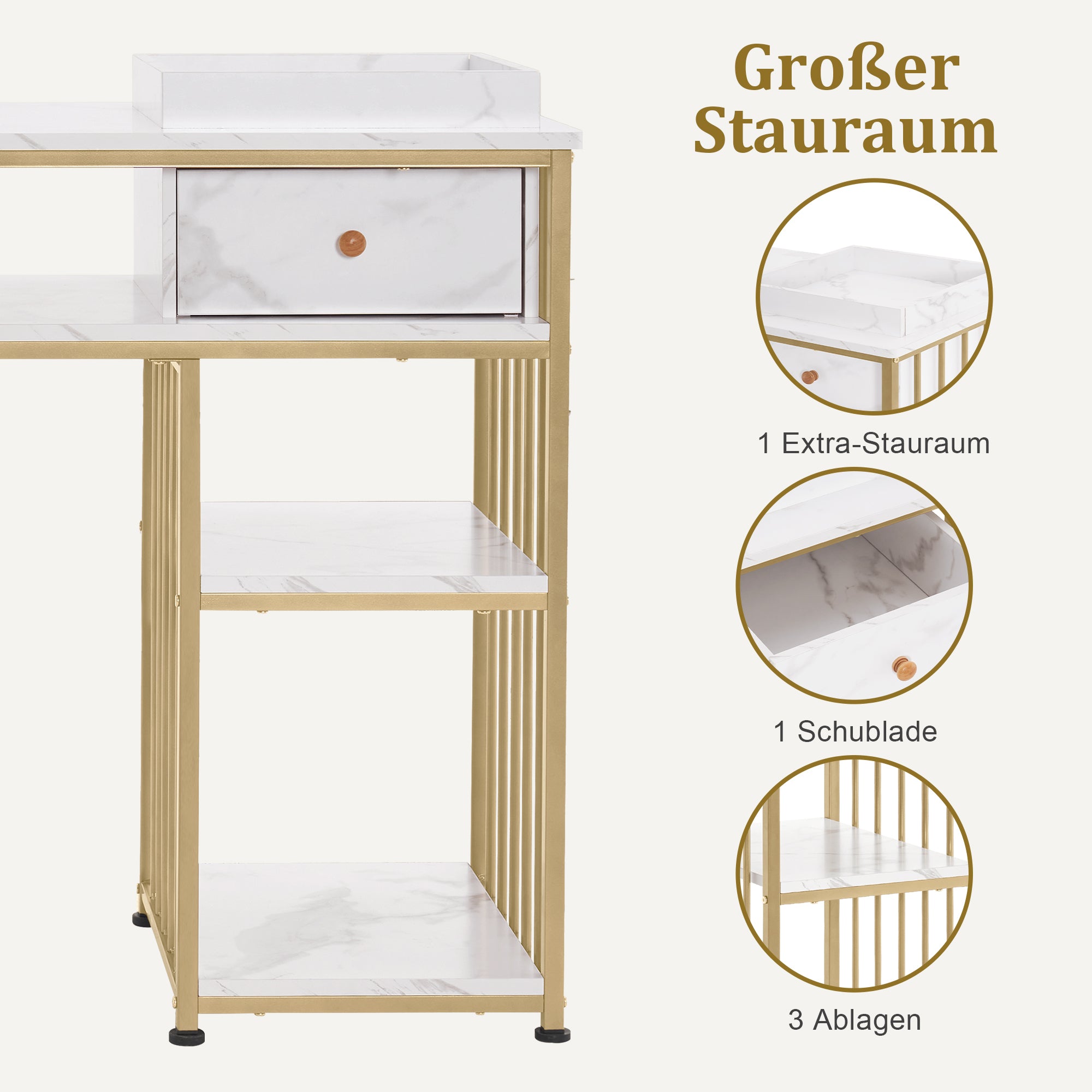 M MCombo Bureau met lades, Nageltafel met rek, Manicure tafel van hout met metalen frame, Make-up tafel zonder spiegel woonkamer Modern, Marmer-Wit Goud, 45 x 110 x 80.5cm, 2498