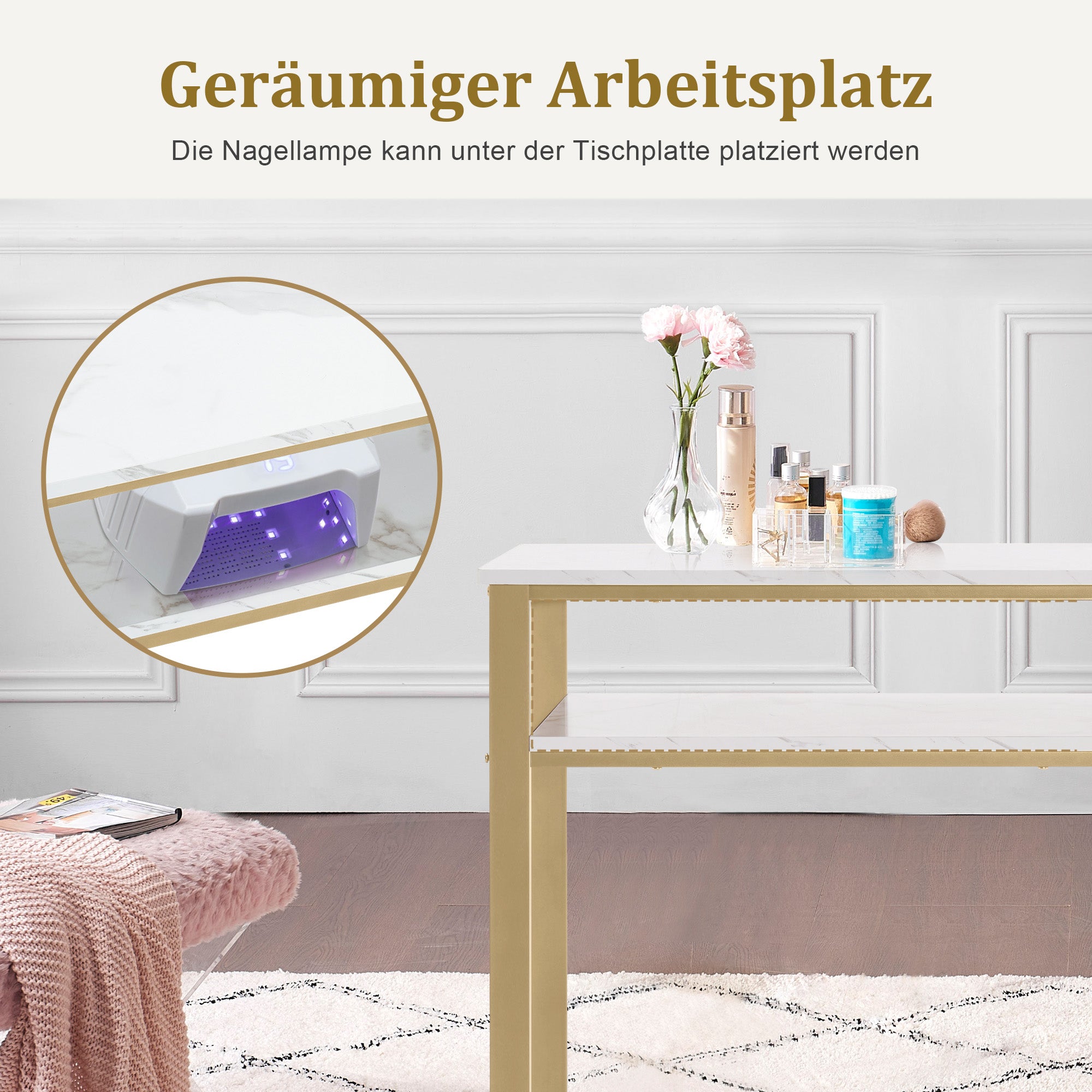 M MCombo Bureau met lades, Nageltafel met rek, Manicure tafel van hout met metalen frame, Make-up tafel zonder spiegel woonkamer Modern, Marmer-Wit Goud, 45 x 110 x 80.5cm, 2498
