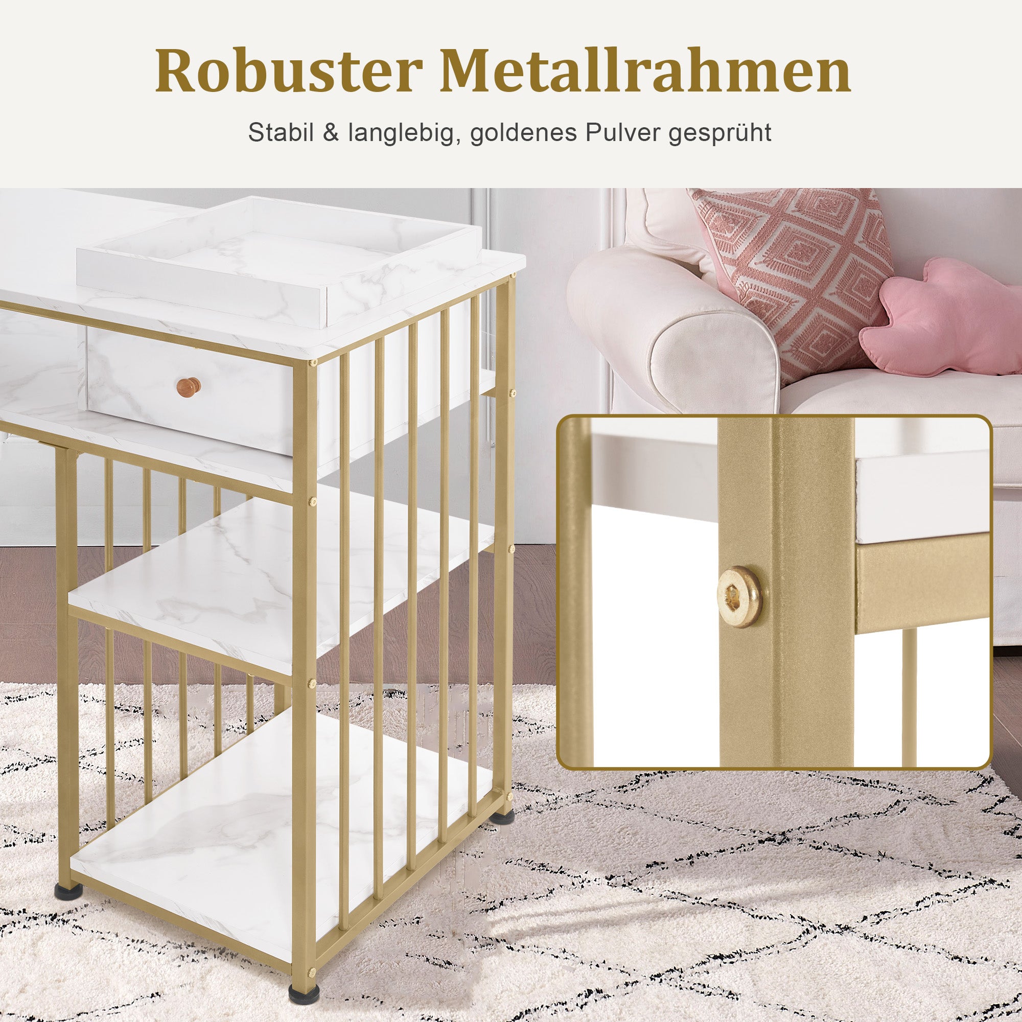 M MCombo Bureau met lades, Nageltafel met rek, Manicure tafel van hout met metalen frame, Make-up tafel zonder spiegel woonkamer Modern, Marmer-Wit Goud, 45 x 110 x 80.5cm, 2498