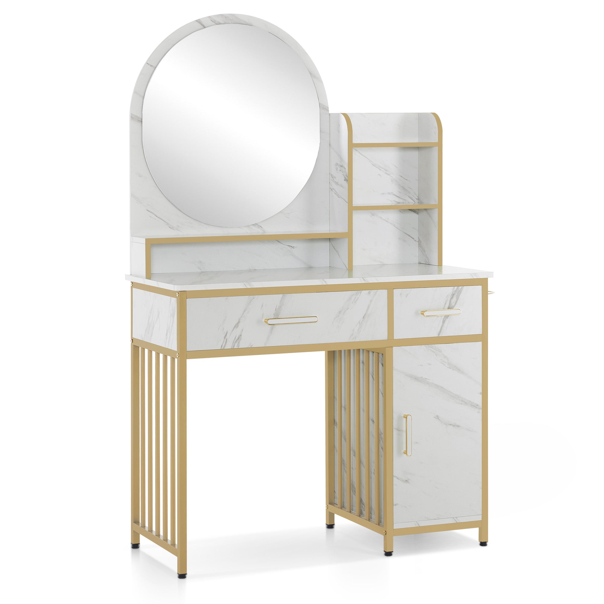 M MCombo Make-up tafel met spiegel, kaptafel met 2 lades, 3 open planken, föhnhouder, cosmetica tafel van hout met metalen frame, marmer-wit goud, 43*104*147,5 cm, 2501
