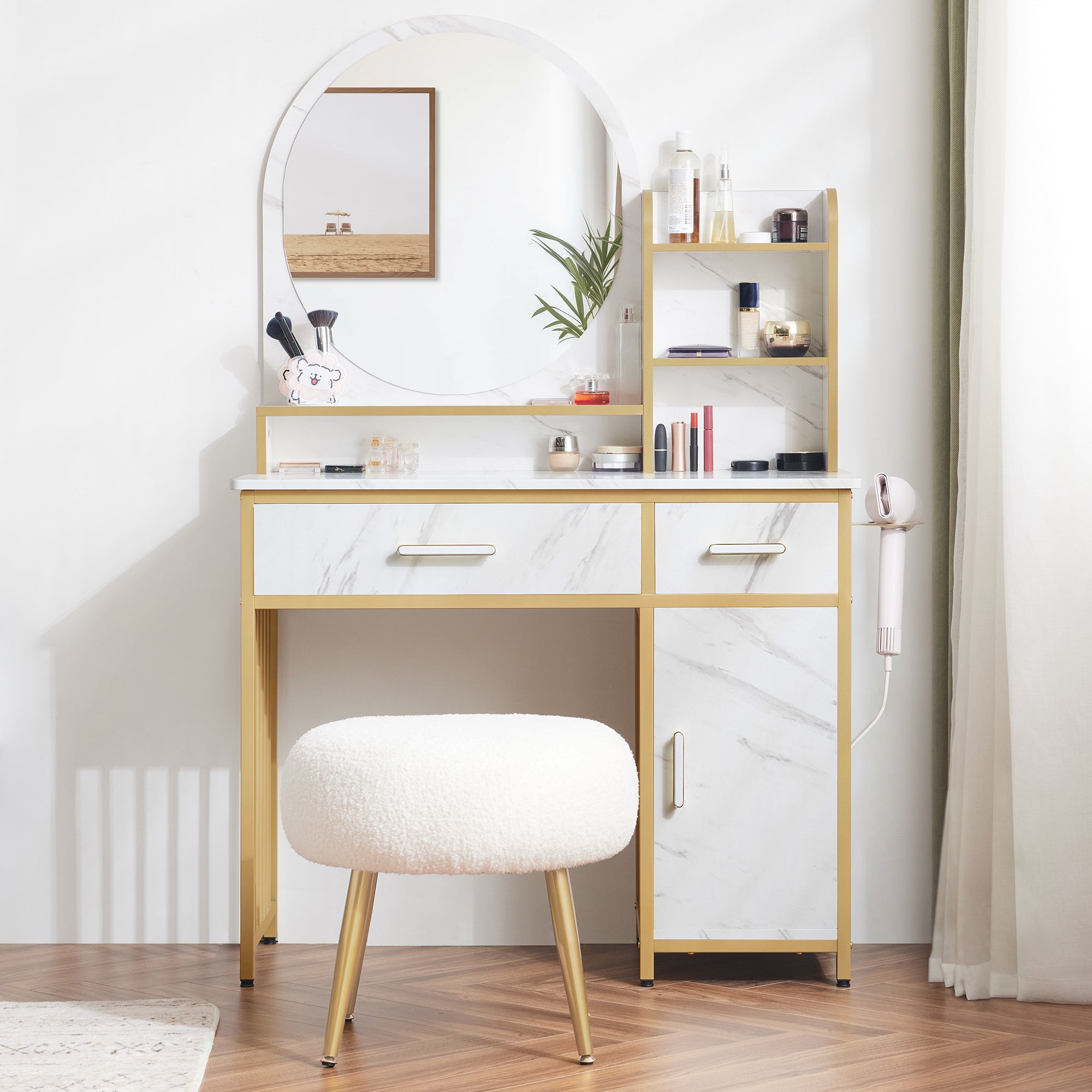 M MCombo Make-up tafel met spiegel, kaptafel met 2 lades, 3 open planken, föhnhouder, cosmetica tafel van hout met metalen frame, marmer-wit goud, 43*104*147,5 cm, 2501