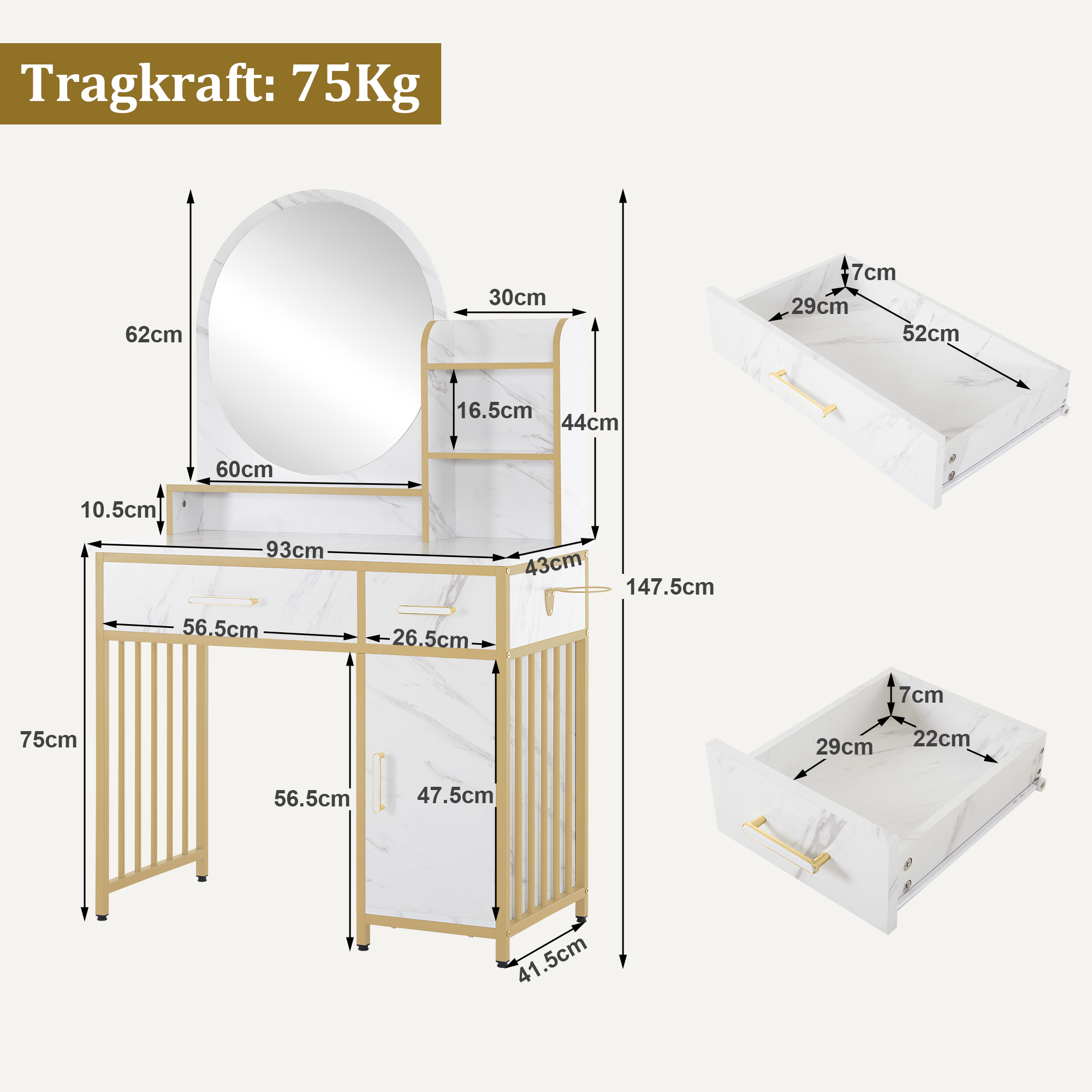 M MCombo Make-up tafel met spiegel, kaptafel met 2 lades, 3 open planken, föhnhouder, cosmetica tafel van hout met metalen frame, marmer-wit goud, 43*104*147,5 cm, 2501