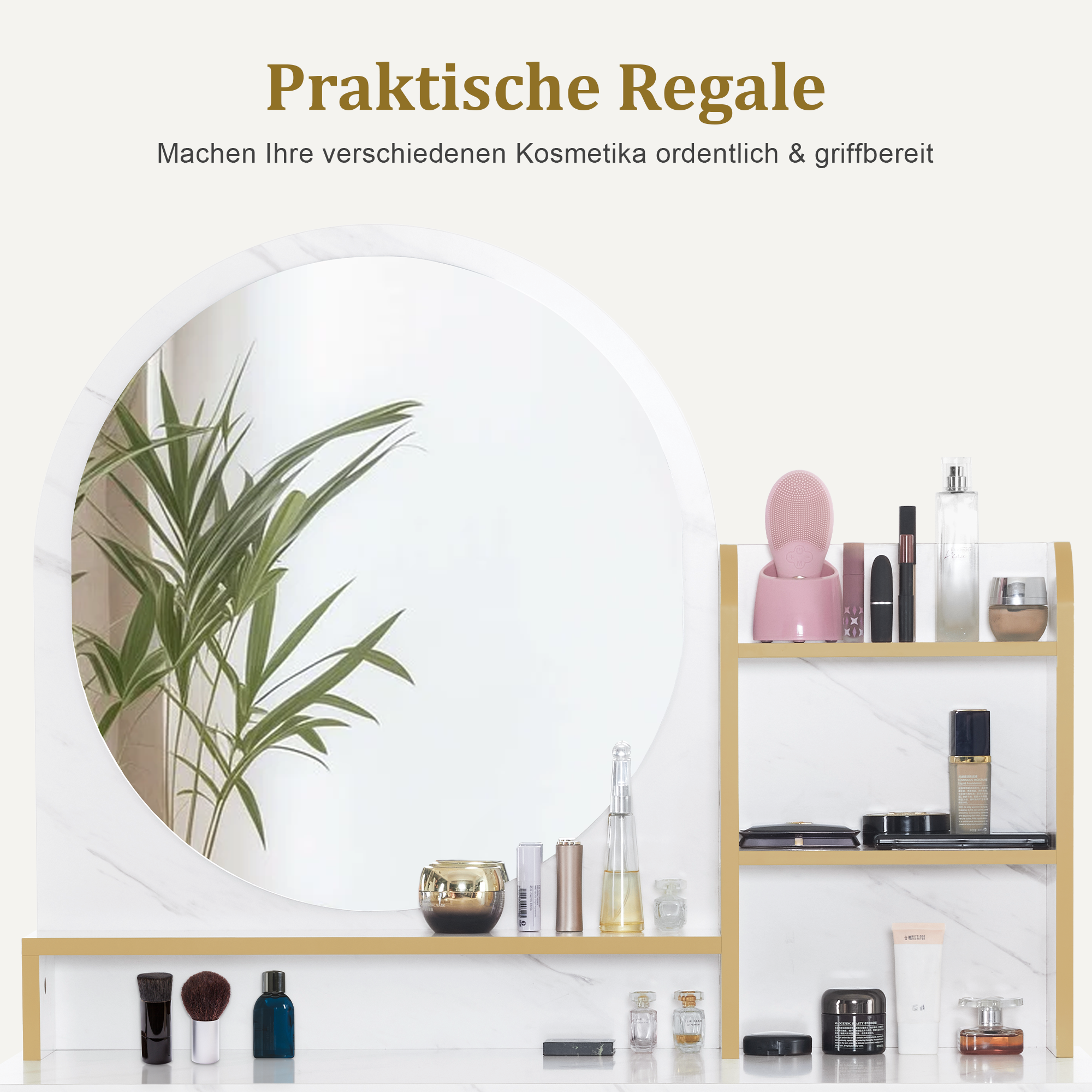 M MCombo Make-up tafel met spiegel, kaptafel met 2 lades, 3 open planken, föhnhouder, cosmetica tafel van hout met metalen frame, marmer-wit goud, 43*104*147,5 cm, 2501