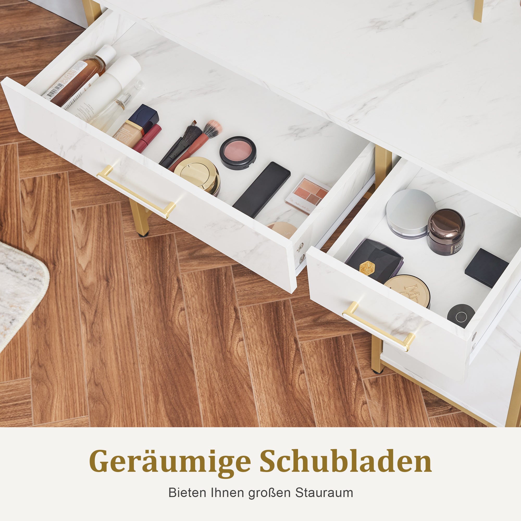 M MCombo Make-up tafel met spiegel, kaptafel met 2 lades, 3 open planken, föhnhouder, cosmetica tafel van hout met metalen frame, marmer-wit goud, 43*104*147,5 cm, 2501