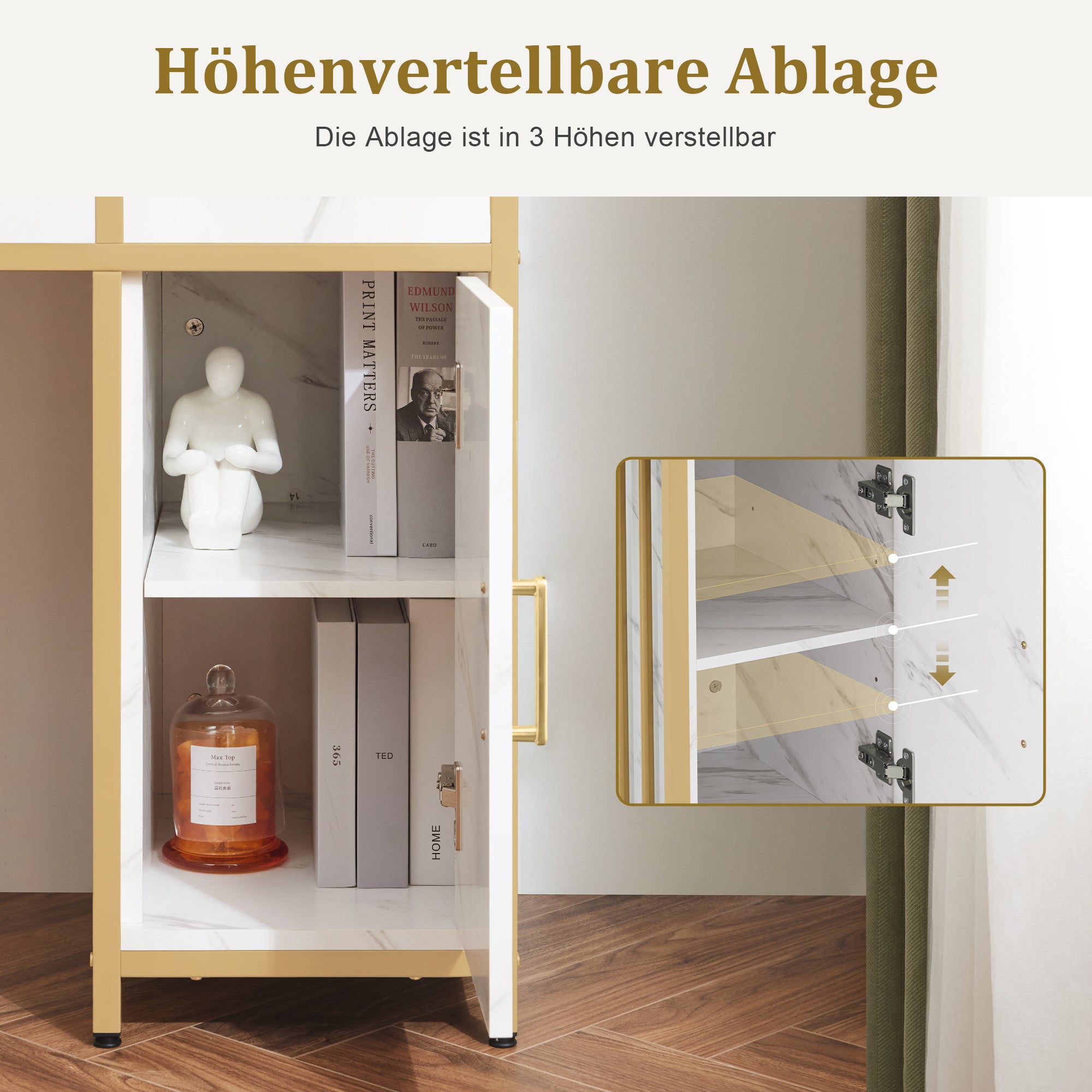 M MCombo Make-up tafel met spiegel, kaptafel met 2 lades, 3 open planken, föhnhouder, cosmetica tafel van hout met metalen frame, marmer-wit goud, 43*104*147,5 cm, 2501