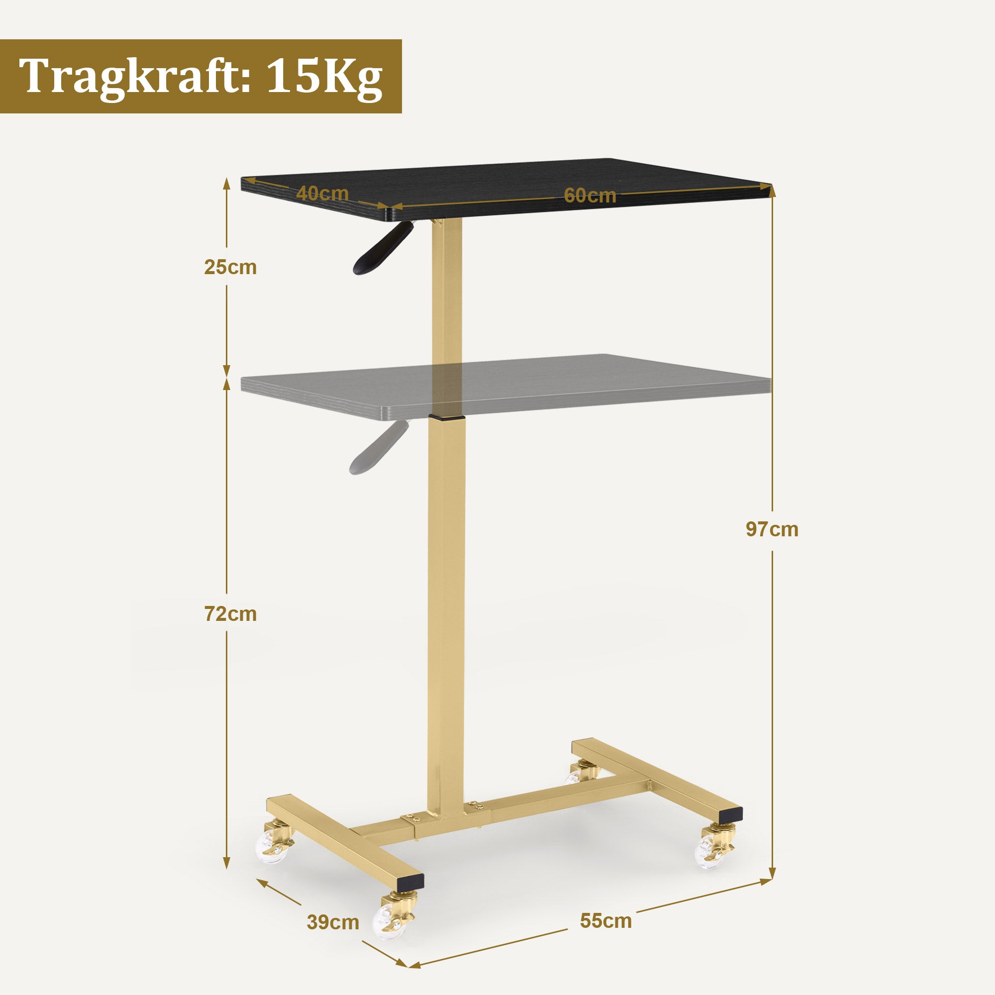 MCombo Tavolino con ruote, carrello di servizio regolabile in altezza, carrello dorato per salone, comodino a forma di C, carrello per parrucchieri, centri estetici e salotti, 40x60x72/97 cm, 2832