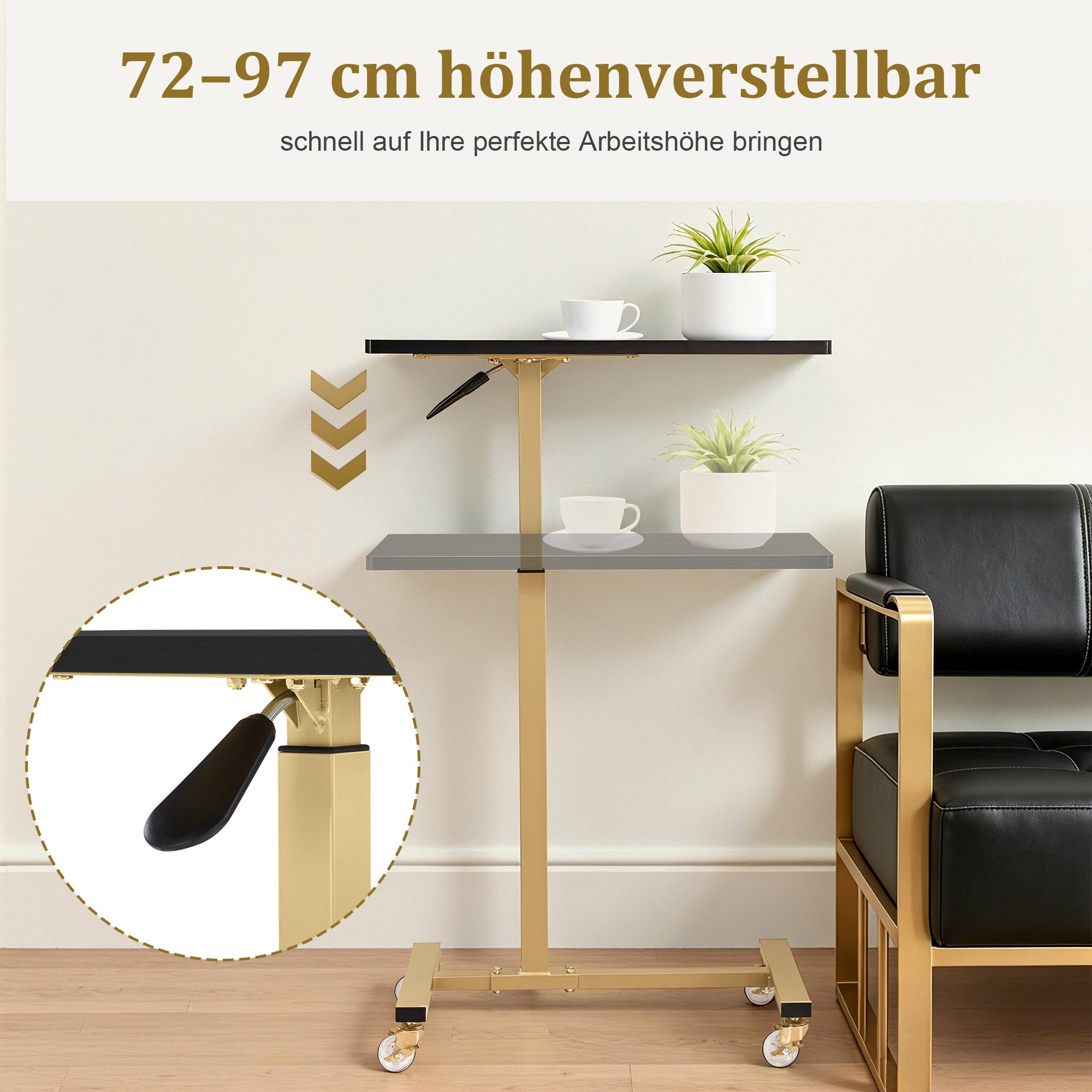 MCombo Tavolino con ruote, carrello di servizio regolabile in altezza, carrello dorato per salone, comodino a forma di C, carrello per parrucchieri, centri estetici e salotti, 40x60x72/97 cm, 2832