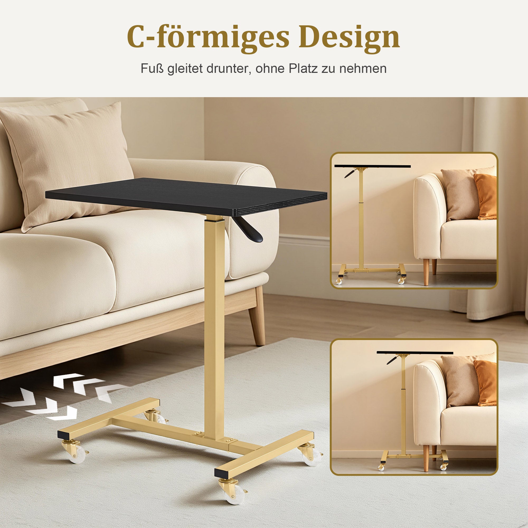 MCombo Tavolino con ruote, carrello di servizio regolabile in altezza, carrello dorato per salone, comodino a forma di C, carrello per parrucchieri, centri estetici e salotti, 40x60x72/97 cm, 2832