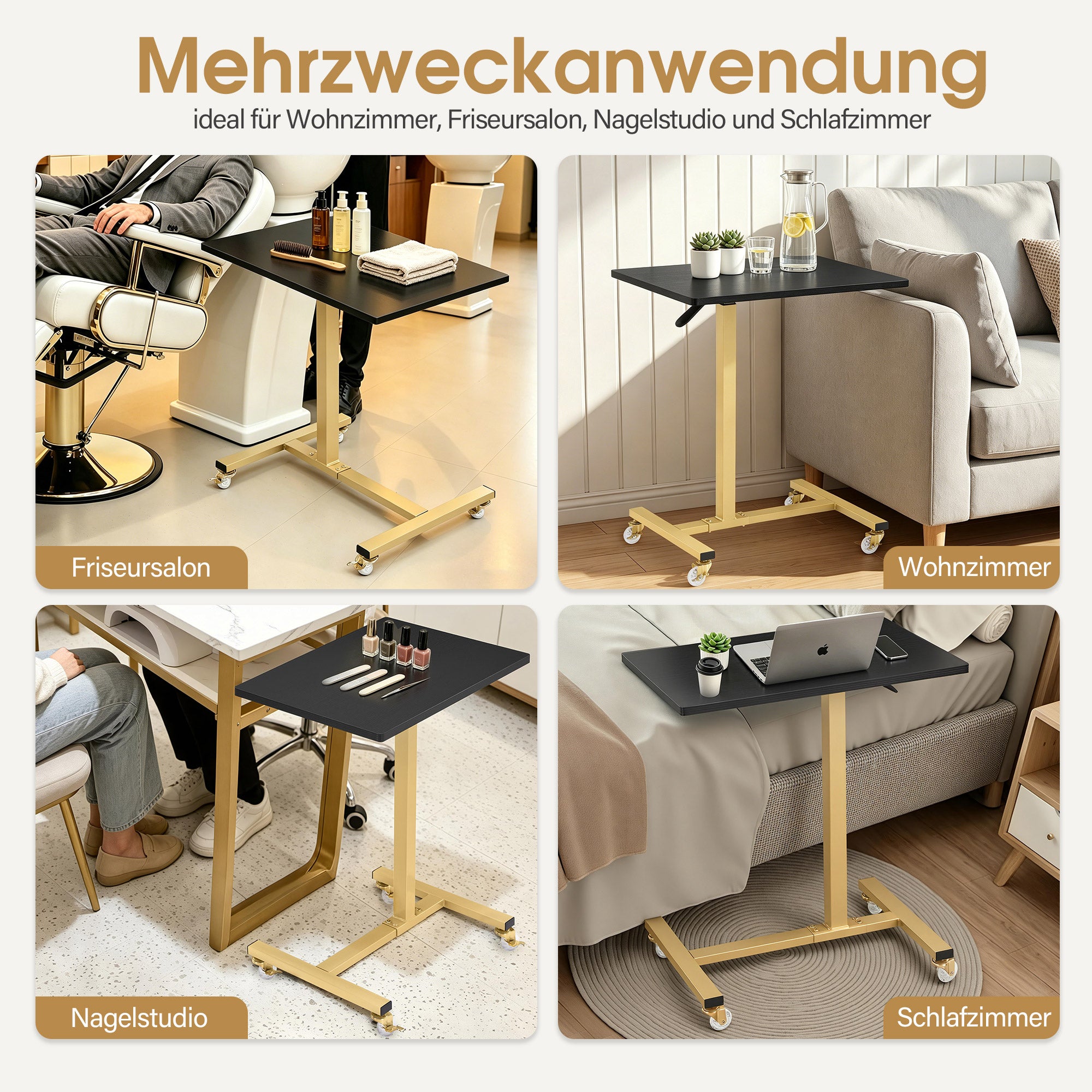 MCombo Tavolino con ruote, carrello di servizio regolabile in altezza, carrello dorato per salone, comodino a forma di C, carrello per parrucchieri, centri estetici e salotti, 40x60x72/97 cm, 2832