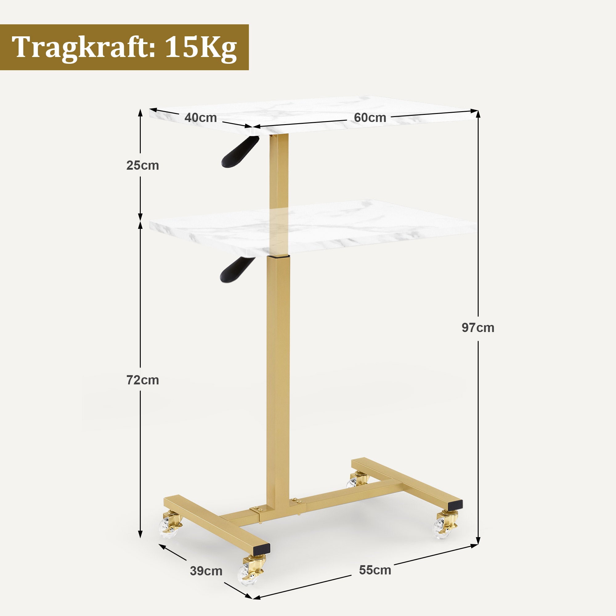 MCombo Tavolino con ruote, carrello di servizio regolabile in altezza, carrello dorato per salone, comodino a forma di C, carrello per parrucchieri, centri estetici e salotti, 40x60x72/97 cm, 2832